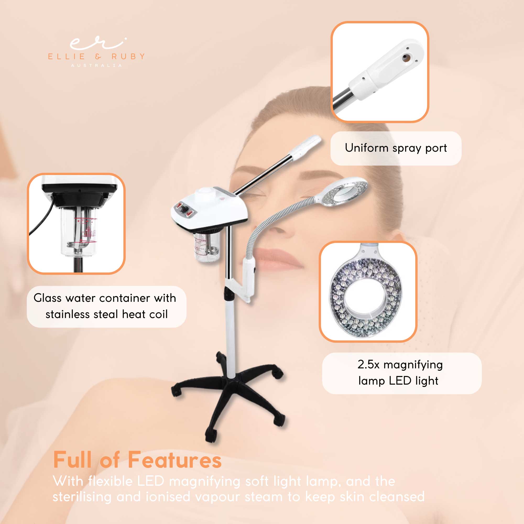 Ellie & Ruby Facial Steamer Magnifying Lamp - 2in1 Professional Beauty Machine V238-SUPDZ-33150355144784