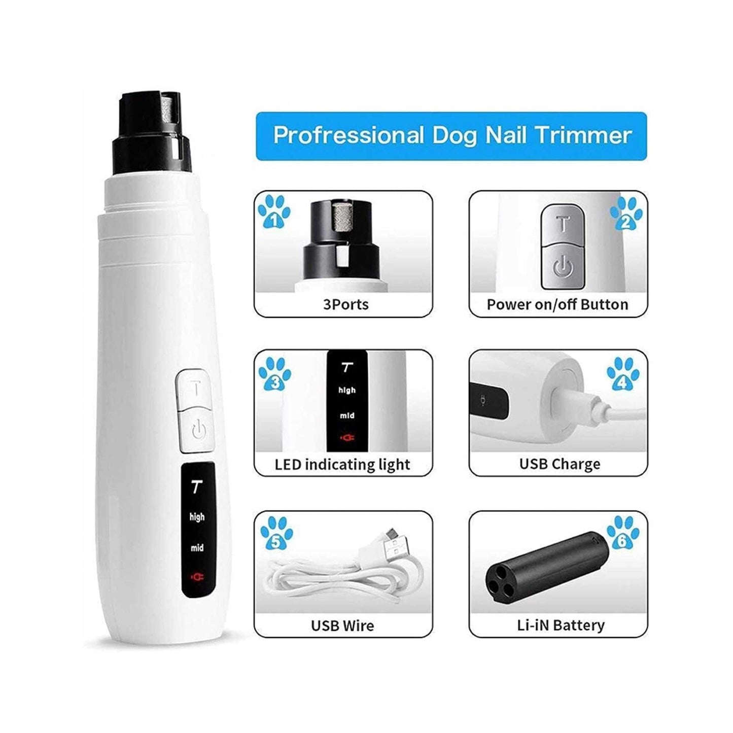 Pet Nail Grinder Dog Cat Electric Trimmer Turbo USB Rechargeable Claw Filer N9 V238-SUPDZ-33161850781776