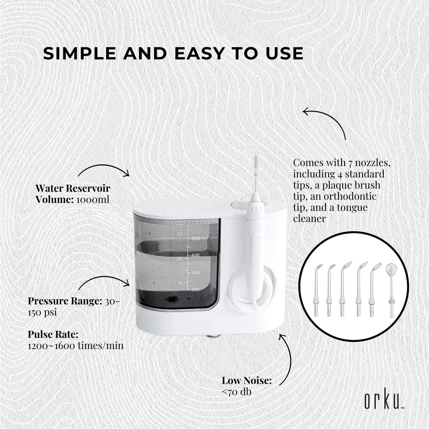 Orku 1000ml Water Flosser Electric Oral Irrigator - Adjustable Pressure White V238-SUPDZ-39913589735504