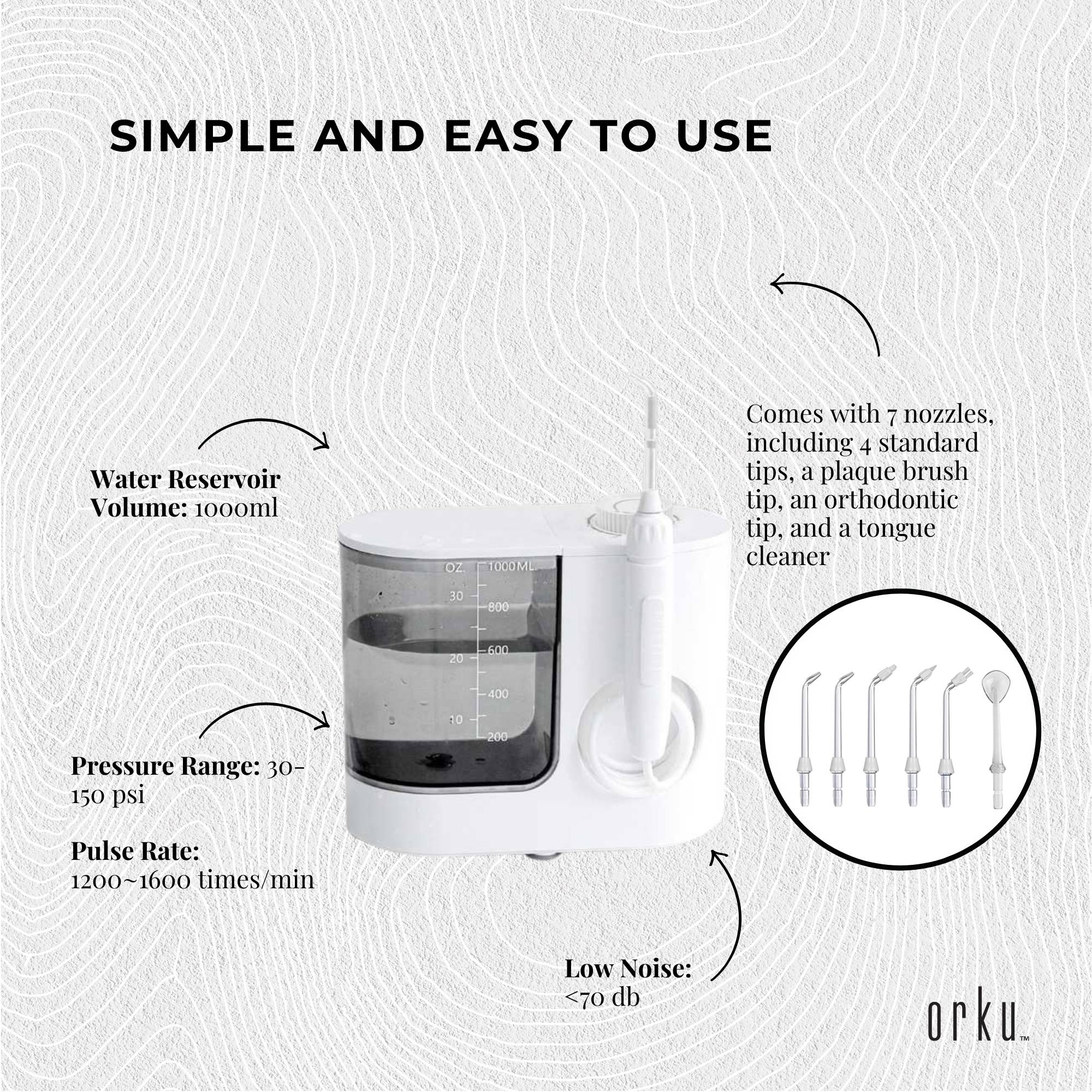 Orku 1000ml Water Flosser Electric Oral Irrigator - Adjustable Pressure White V238-SUPDZ-39913589735504