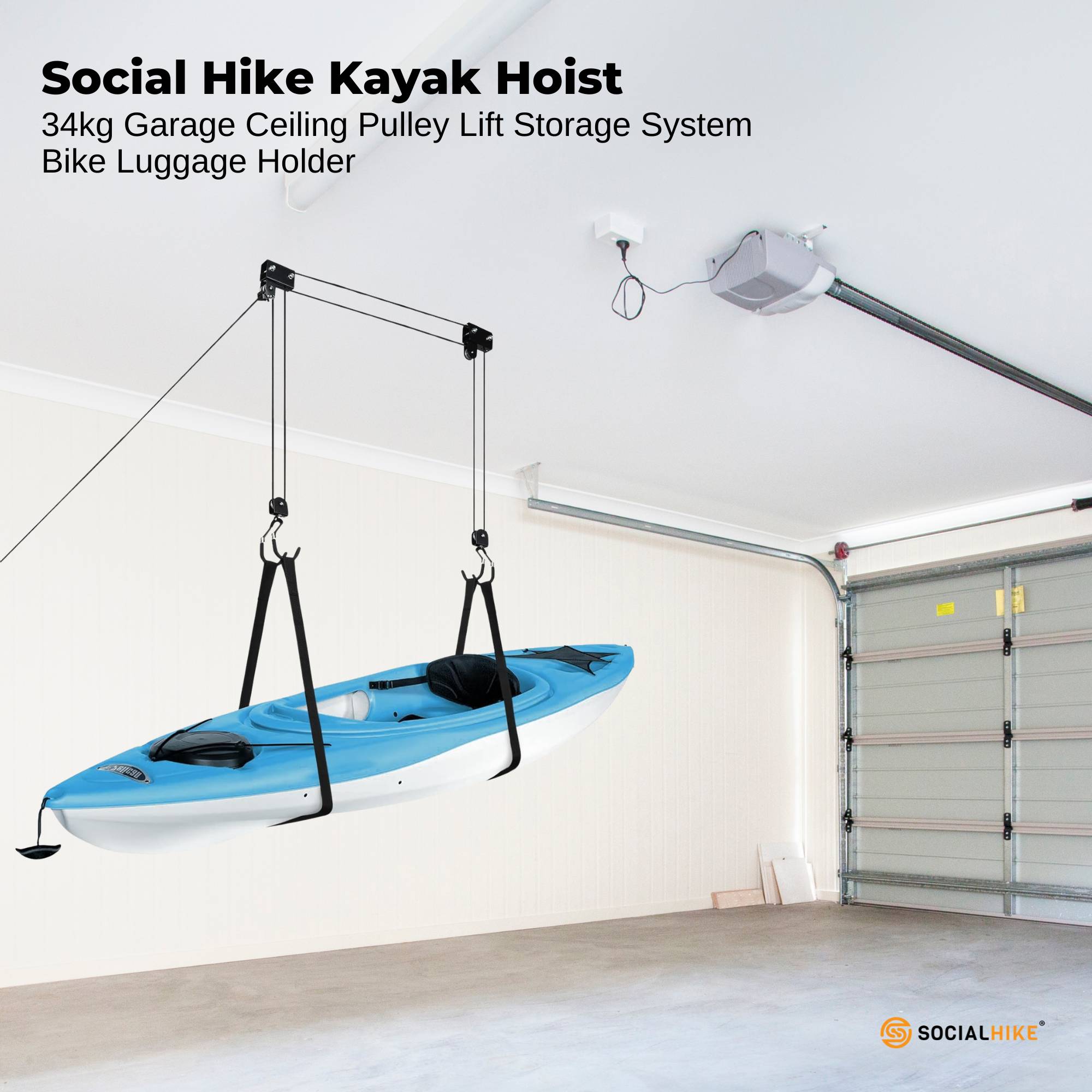 Social Hike Kayak Hoist - 34kg Garage Ceiling Pulley Lift for Kayak Bike Storage V238-SUPDZ-40020308590672