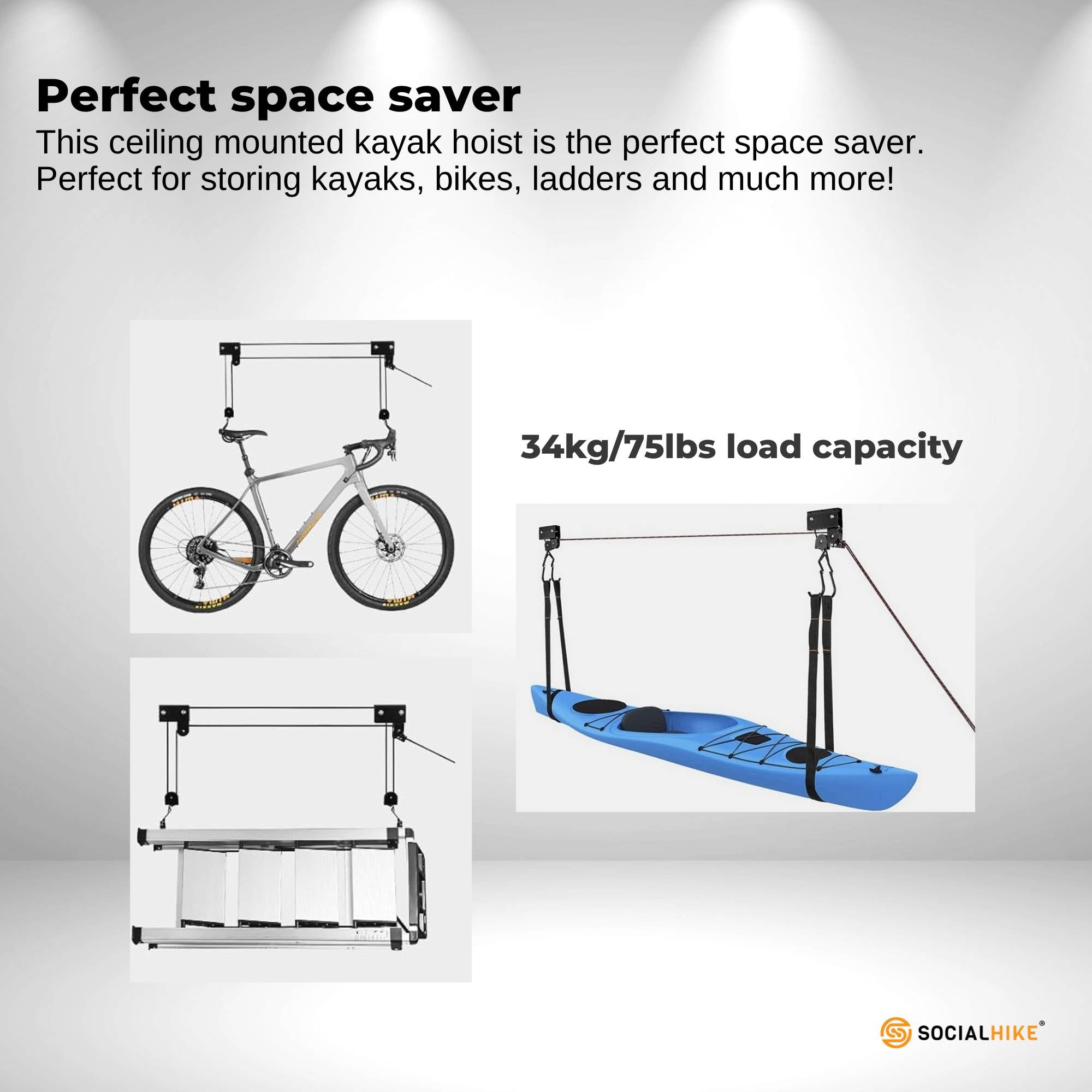 Social Hike Kayak Hoist - 34kg Garage Ceiling Pulley Lift for Kayak Bike Storage V238-SUPDZ-40020308590672