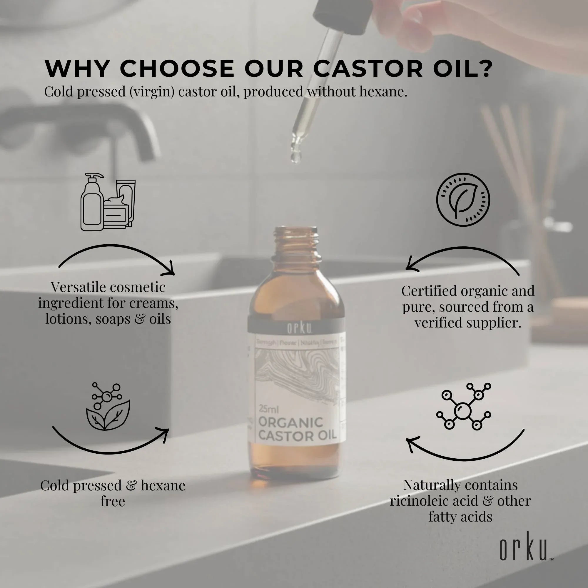 Orku 25ml Organic Castor Oil + Dropper - Hexane Free Cold Pressed V238-SUPDZ-40037323309136