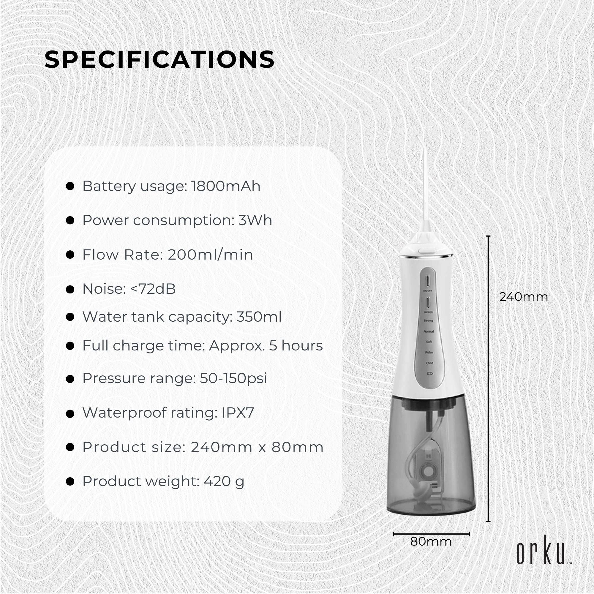 Orku Portable Oral Irrigator Flosser 350ml - Rechargeable Water Dental Teeth Cleaner V238-SUPDZ-40125763289168