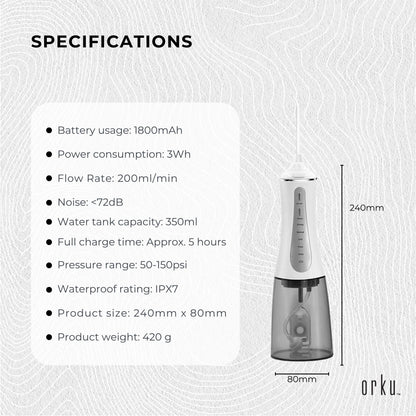 Orku Portable Oral Irrigator Flosser 350ml - Rechargeable Water Dental Teeth Cleaner V238-SUPDZ-40125763289168