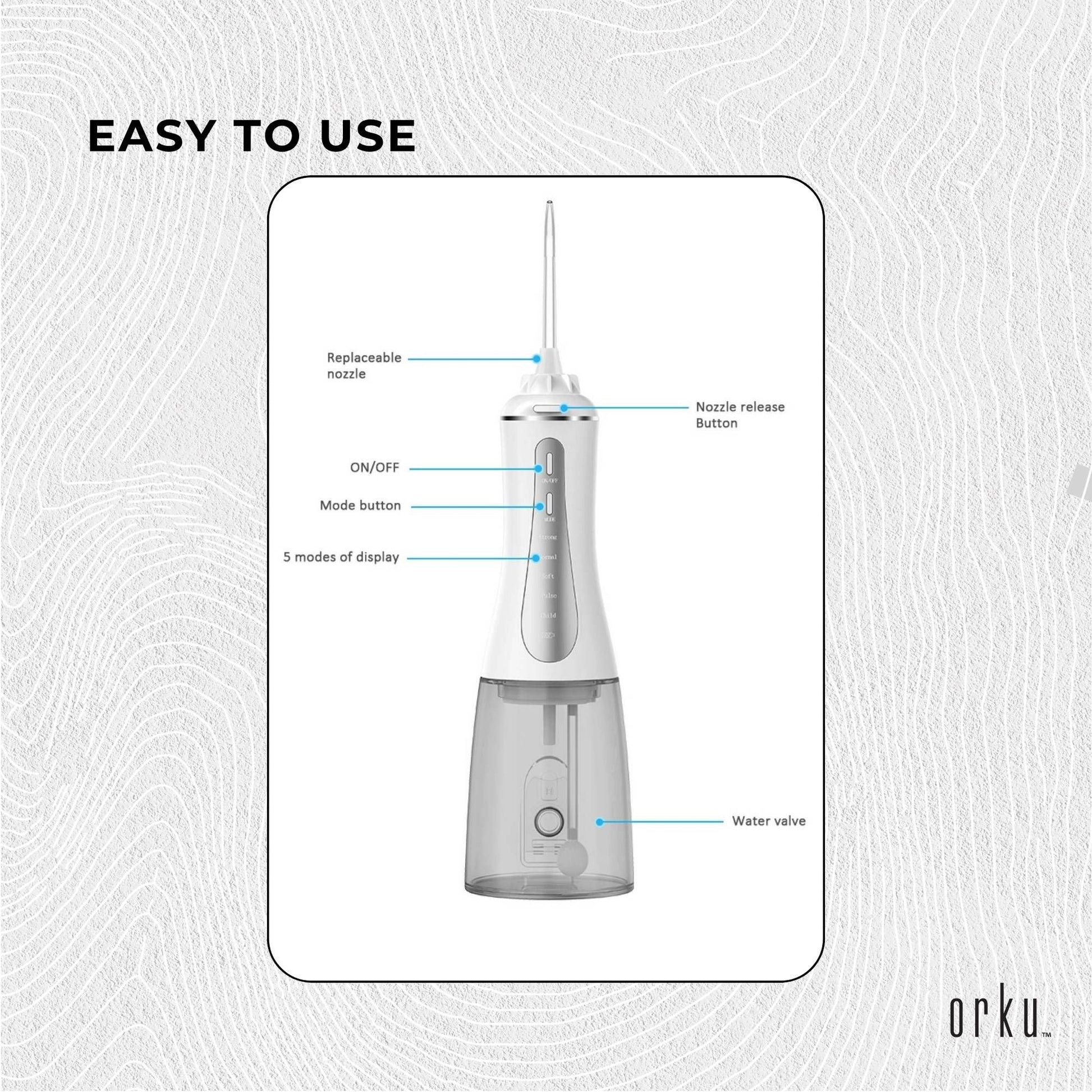 Orku Portable Oral Irrigator Flosser 350ml - Rechargeable Water Dental Teeth Cleaner V238-SUPDZ-40125763289168