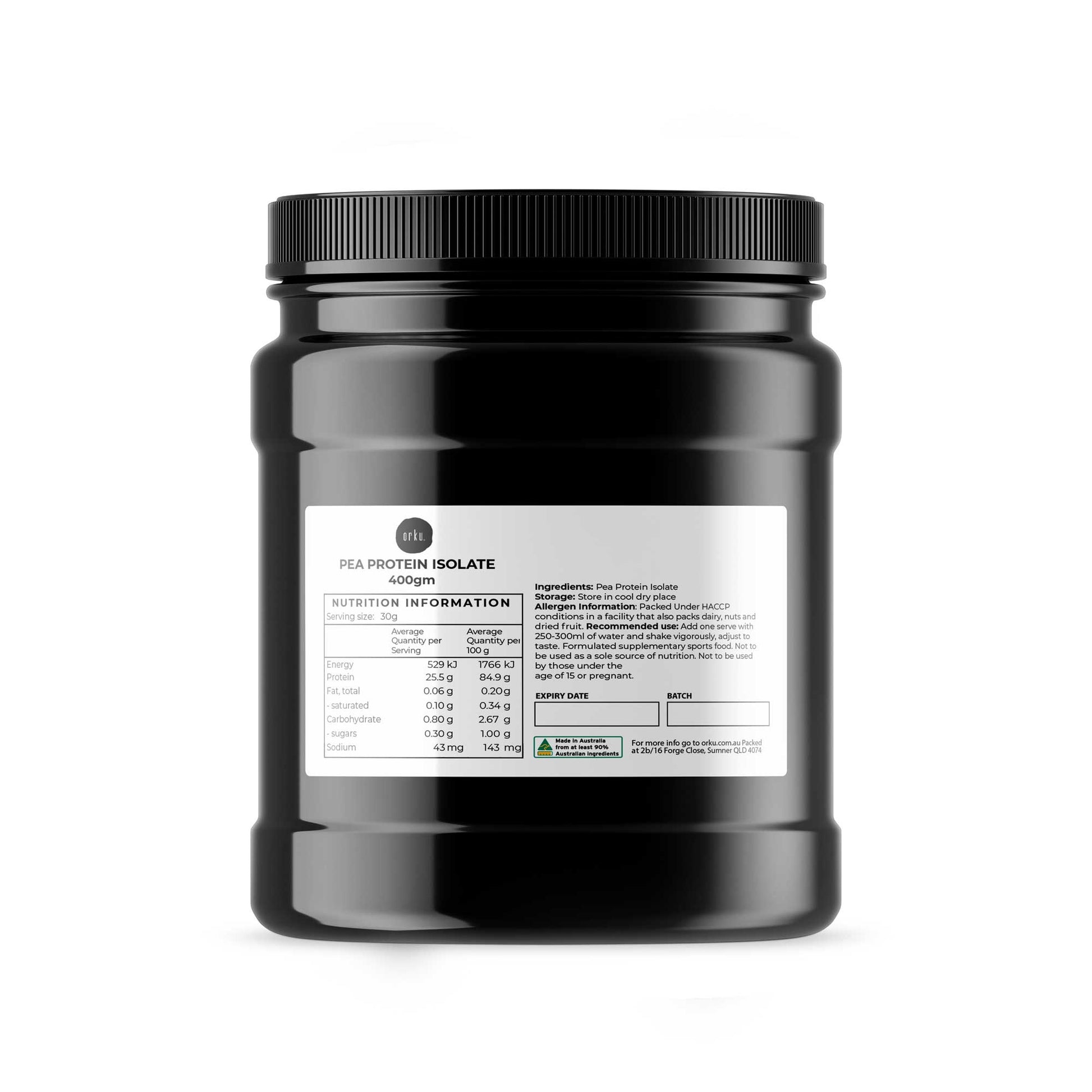 Orku 400g Pea Protein Isolate Powder - High Protein Plant Based Unsweetened Jar V238-SUPDZ-40359489470544