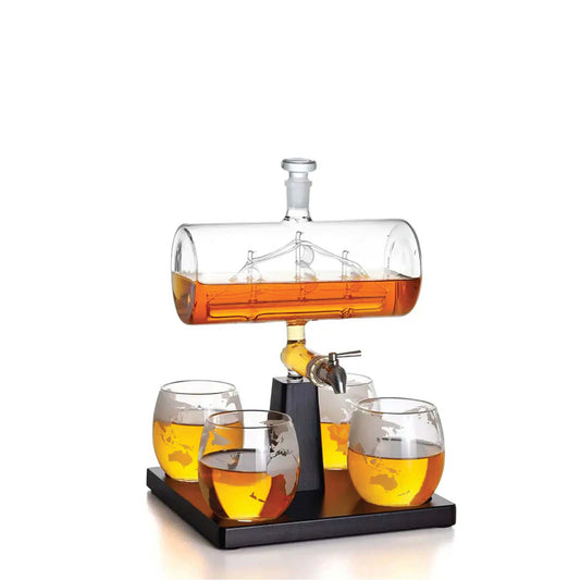 1L Whiskey or Wine Sailboat Glass Decanter Set - 4x Globe Glasses + Wooden Stand V238-SUPDZ-40479795740752