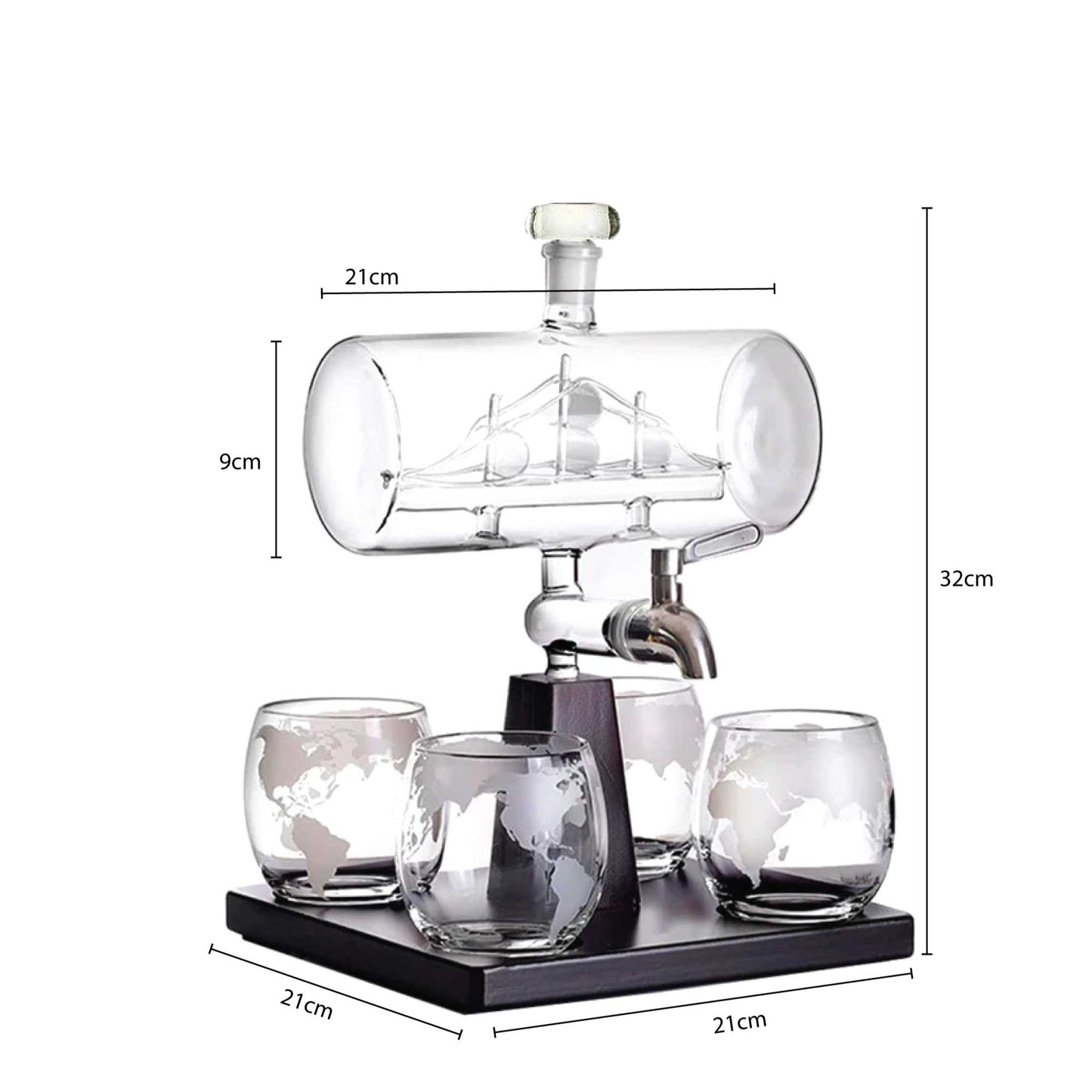 1L Whiskey or Wine Sailboat Glass Decanter Set - 4x Globe Glasses + Wooden Stand V238-SUPDZ-40479795740752
