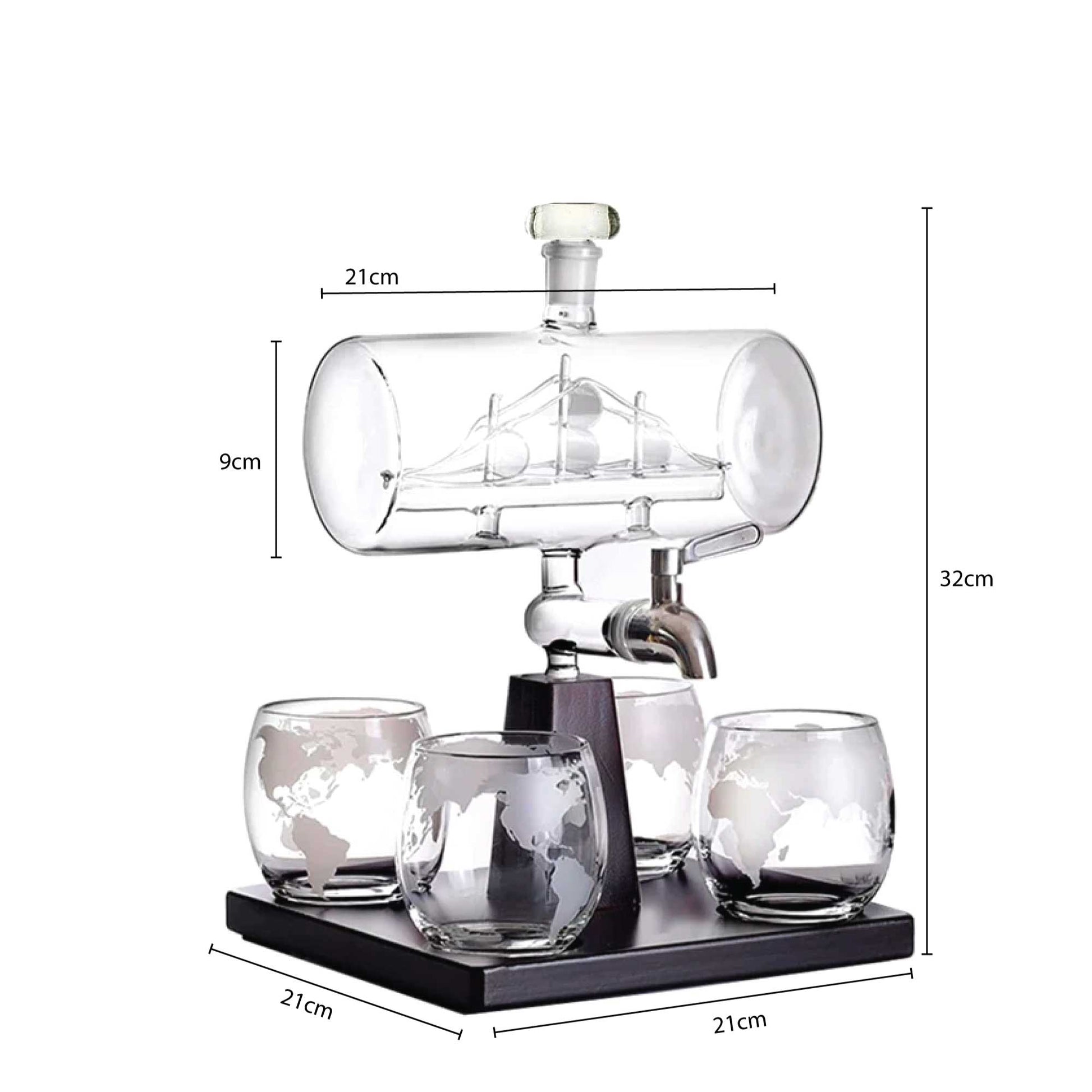 1L Whiskey or Wine Sailboat Glass Decanter Set - 4x Globe Glasses + Wooden Stand V238-SUPDZ-40479795740752