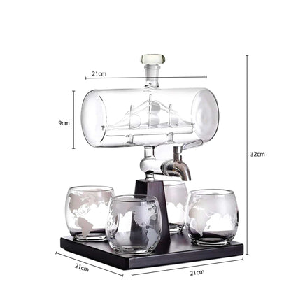 1L Whiskey or Wine Sailboat Glass Decanter Set - 4x Globe Glasses + Wooden Stand V238-SUPDZ-40479795740752