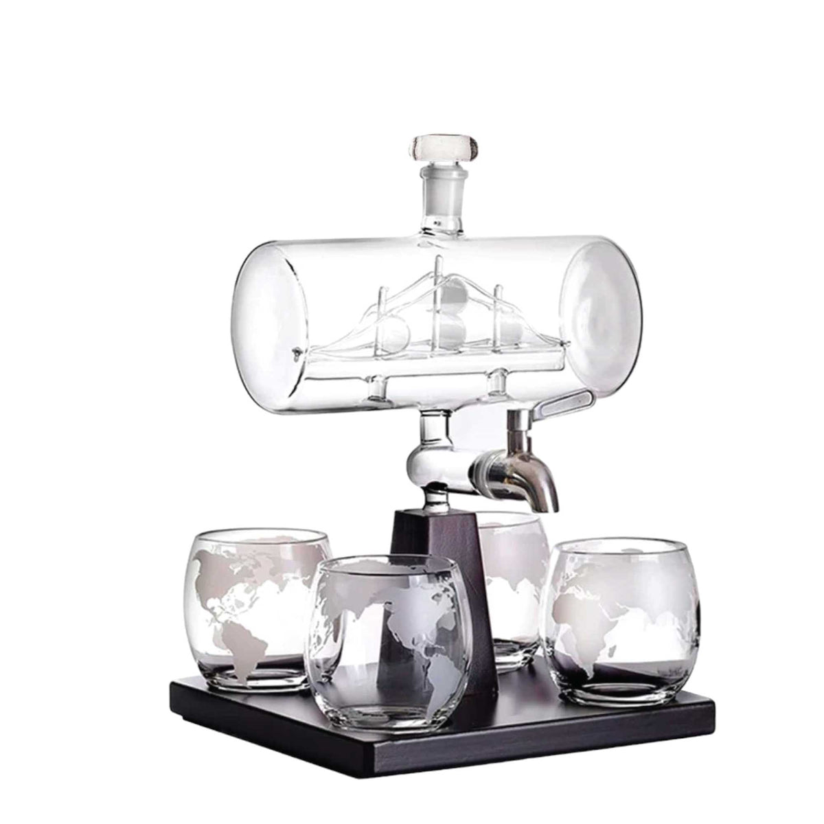 1L Whiskey or Wine Sailboat Glass Decanter Set - 4x Globe Glasses + Wooden Stand V238-SUPDZ-40479795740752