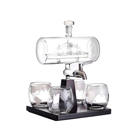1L Whiskey or Wine Sailboat Glass Decanter Set - 4x Globe Glasses + Wooden Stand V238-SUPDZ-40479795740752