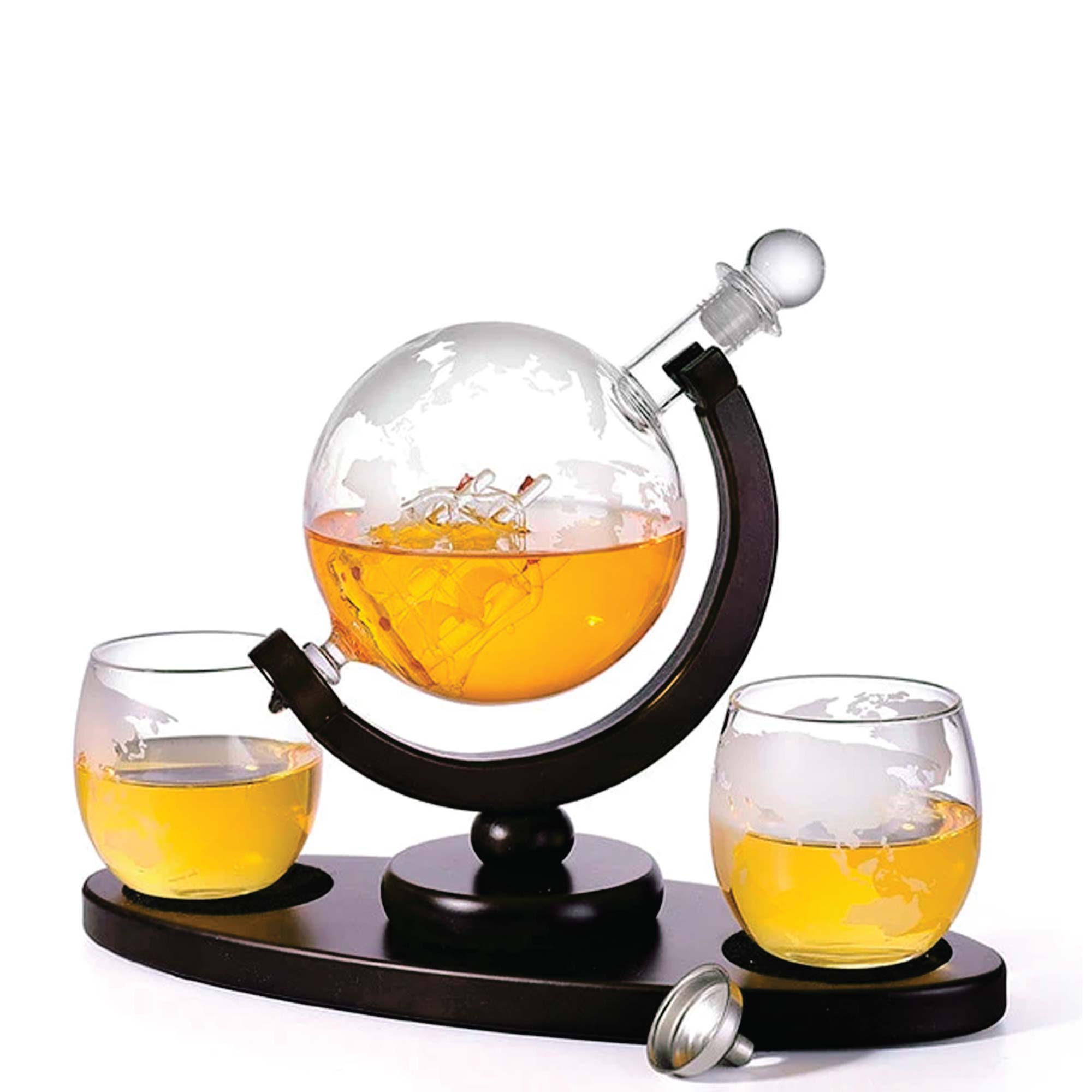 850ml Whiskey or Wine Globe Glass Decanter Set - 2x Glasses + Wooden Stand V238-SUPDZ-40479873269840