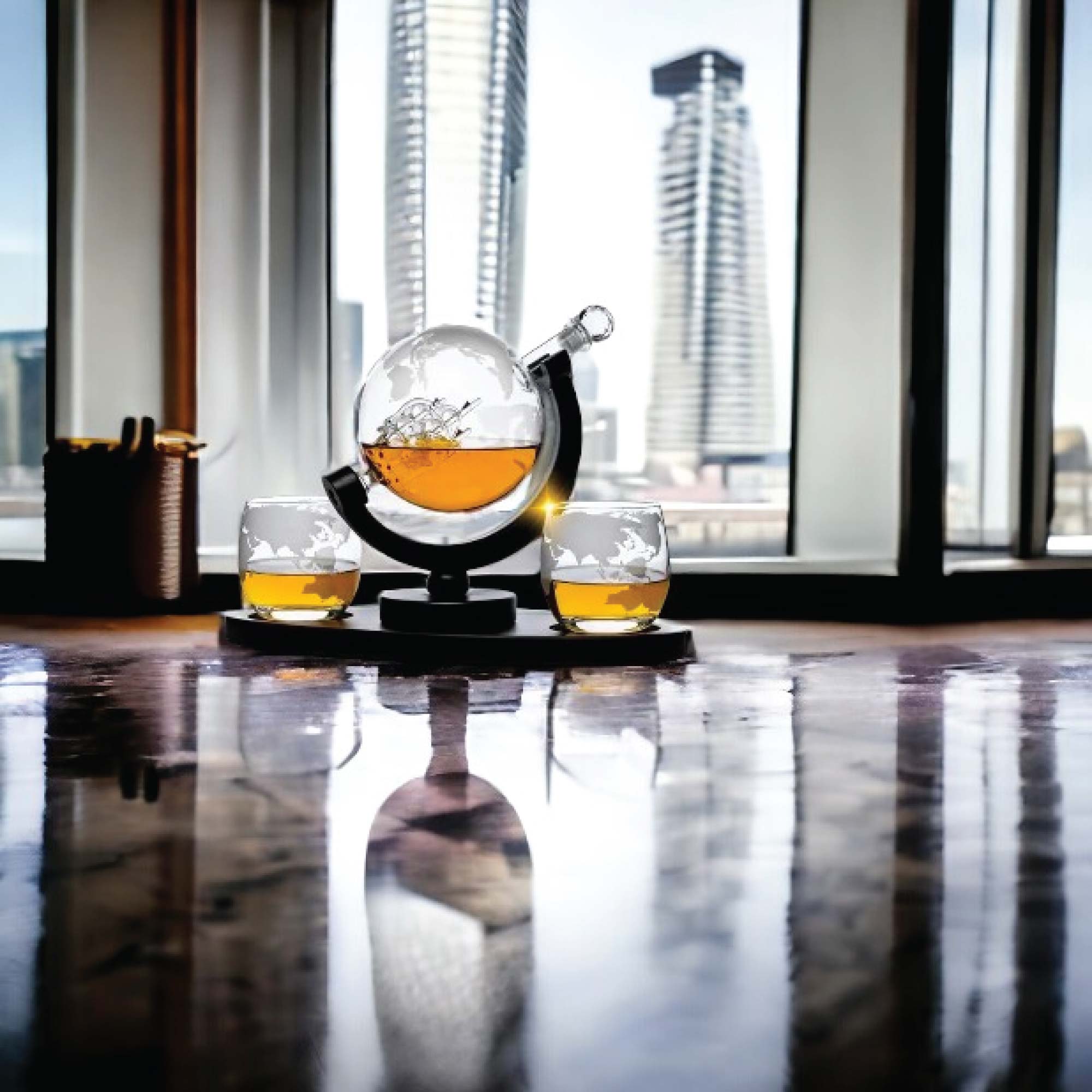 850ml Whiskey or Wine Globe Glass Decanter Set - 2x Glasses + Wooden Stand V238-SUPDZ-40479873269840