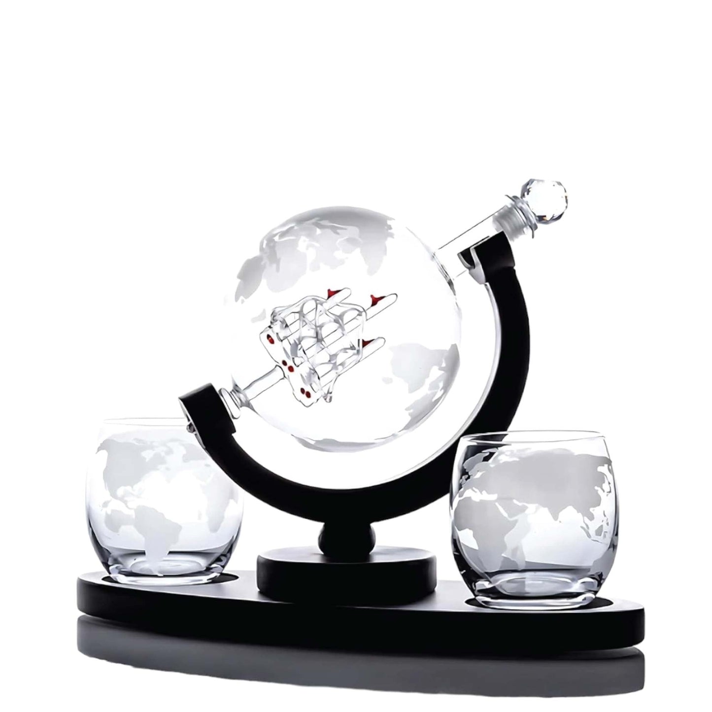 850ml Whiskey or Wine Globe Glass Decanter Set - 2x Glasses + Wooden Stand V238-SUPDZ-40479873269840