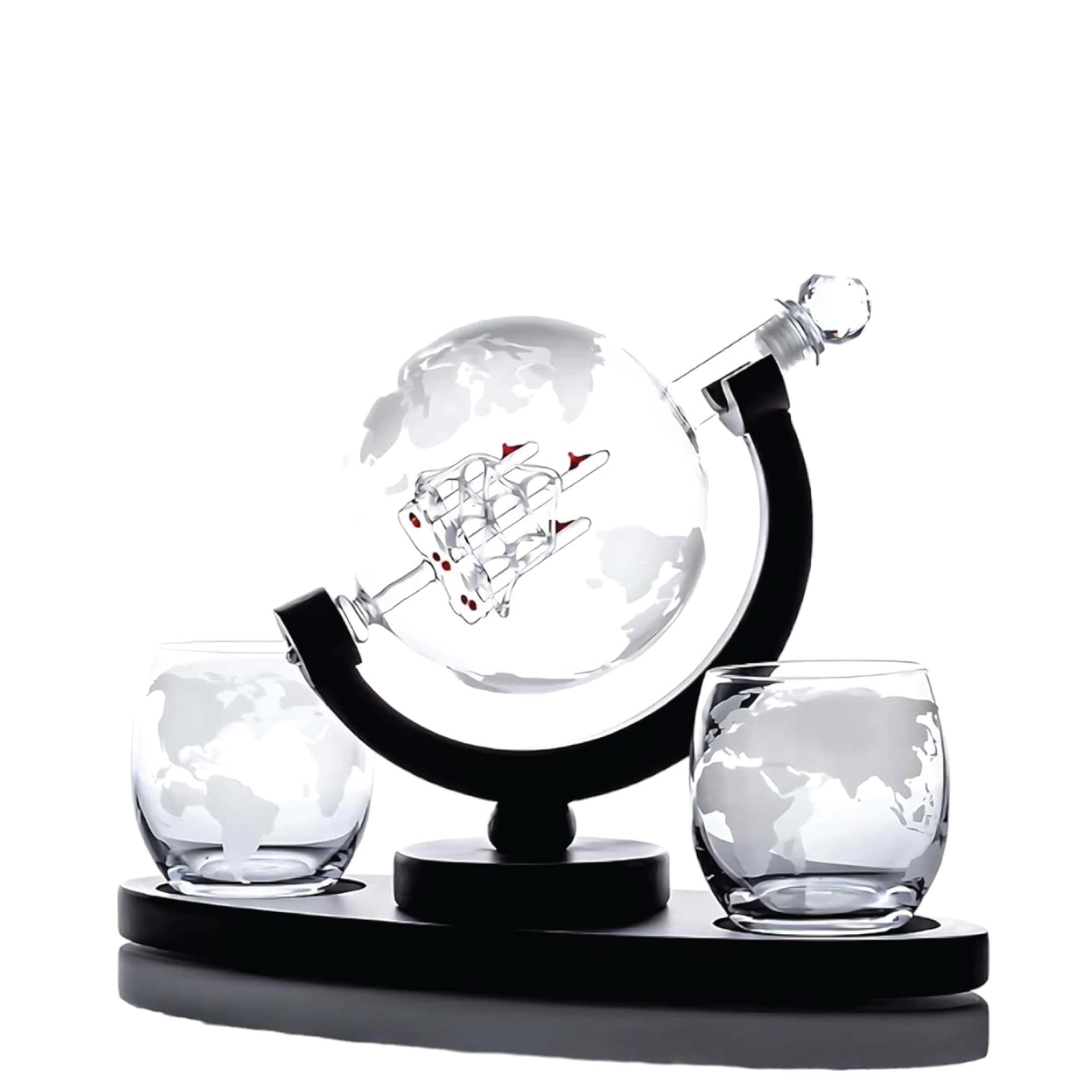 850ml Whiskey or Wine Globe Glass Decanter Set - 2x Glasses + Wooden Stand V238-SUPDZ-40479873269840