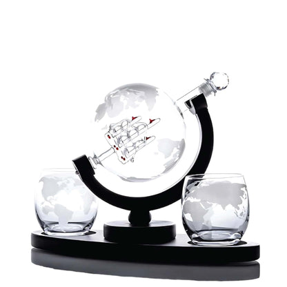 850ml Whiskey or Wine Globe Glass Decanter Set - 2x Glasses + Wooden Stand V238-SUPDZ-40479873269840