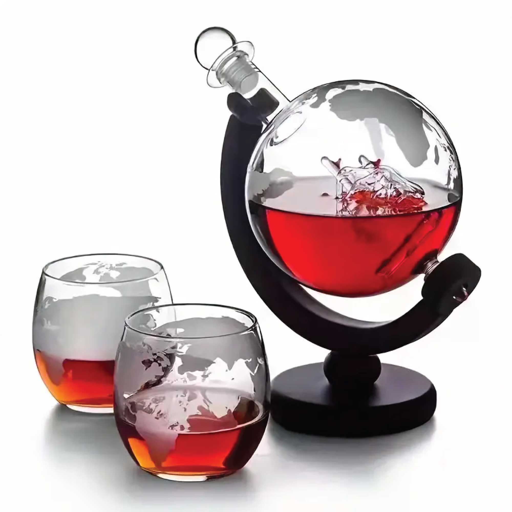 850ml Whiskey or Wine Globe Glass Decanter Set - 2x Glasses + Wooden Stand V238-SUPDZ-40479873269840