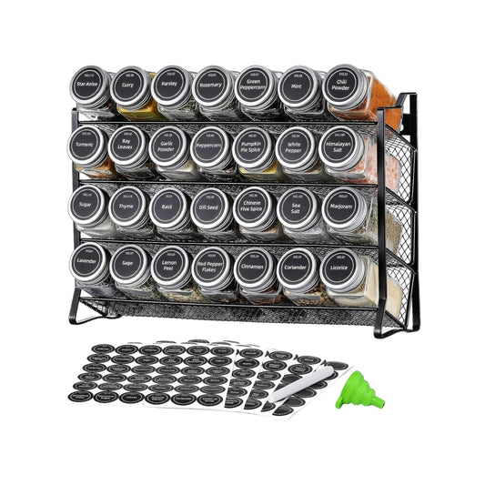4 Tier Metal Spice Rack + 28 Glass Jars - Kitchen Pantry Herb Storage Organiser V238-SUPDZ-40811788927056