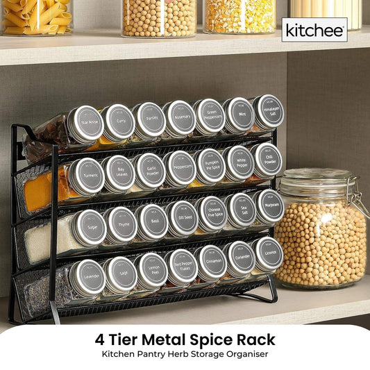 4 Tier Metal Spice Rack + 28 Glass Jars - Kitchen Pantry Herb Storage Organiser V238-SUPDZ-40811788927056