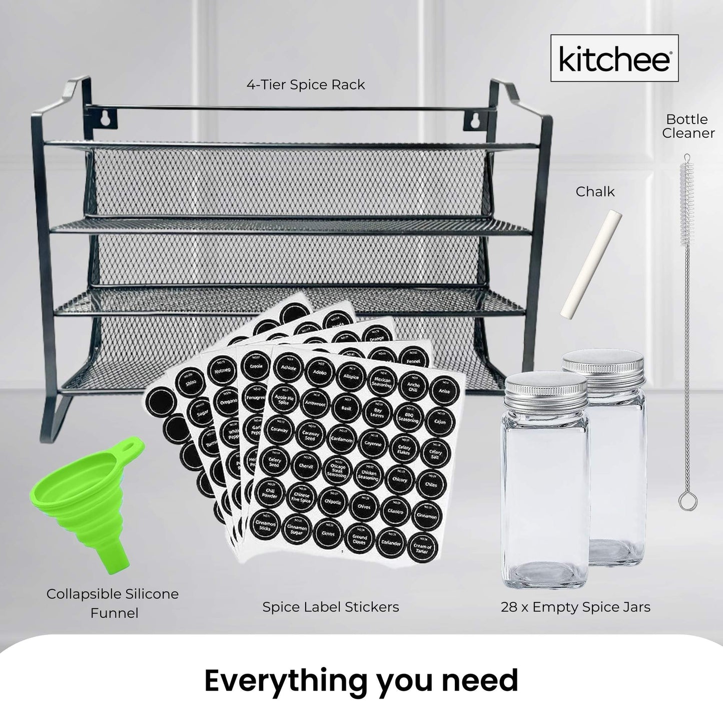 4 Tier Metal Spice Rack + 28 Glass Jars - Kitchen Pantry Herb Storage Organiser V238-SUPDZ-40811788927056