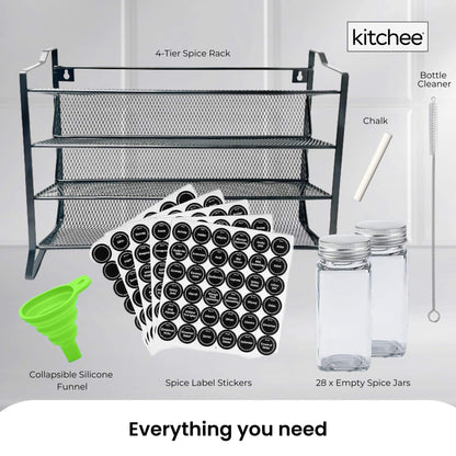 4 Tier Metal Spice Rack + 28 Glass Jars - Kitchen Pantry Herb Storage Organiser V238-SUPDZ-40811788927056