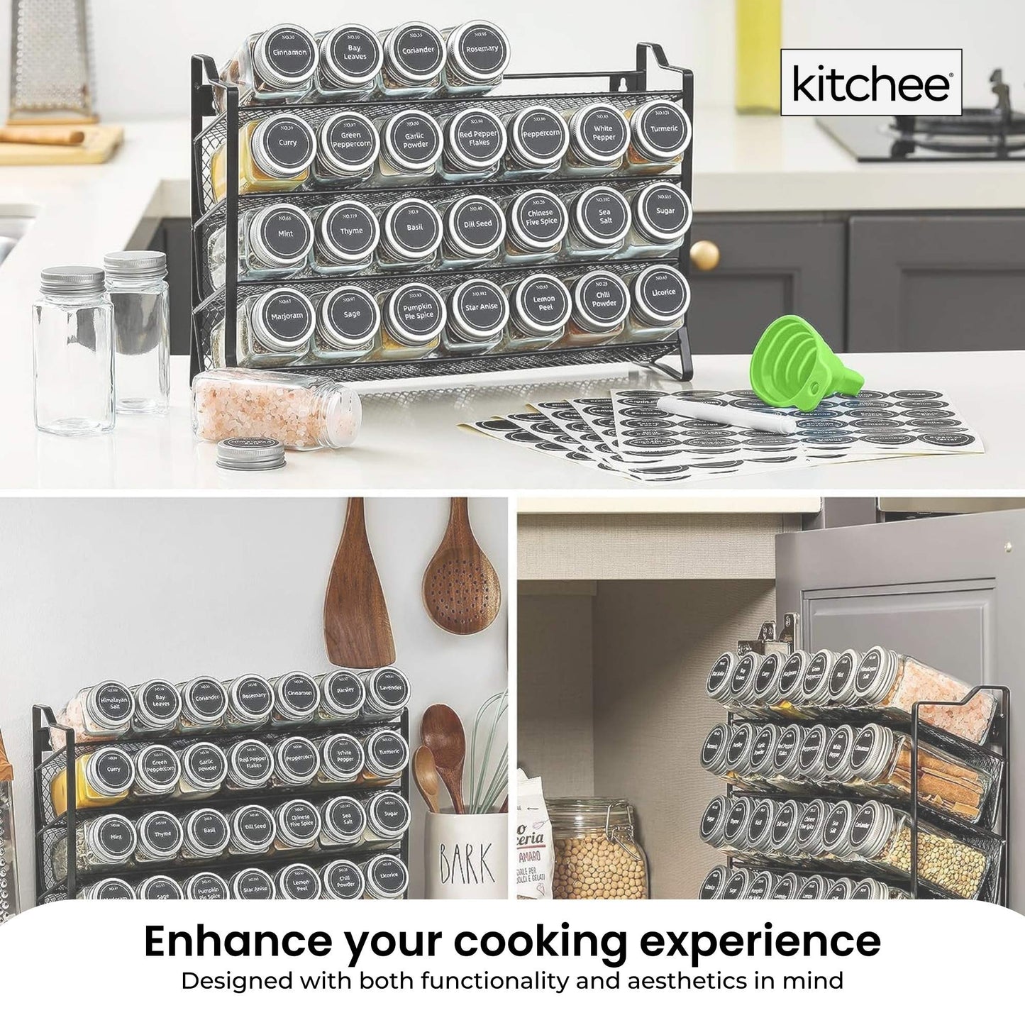 4 Tier Metal Spice Rack + 28 Glass Jars - Kitchen Pantry Herb Storage Organiser V238-SUPDZ-40811788927056