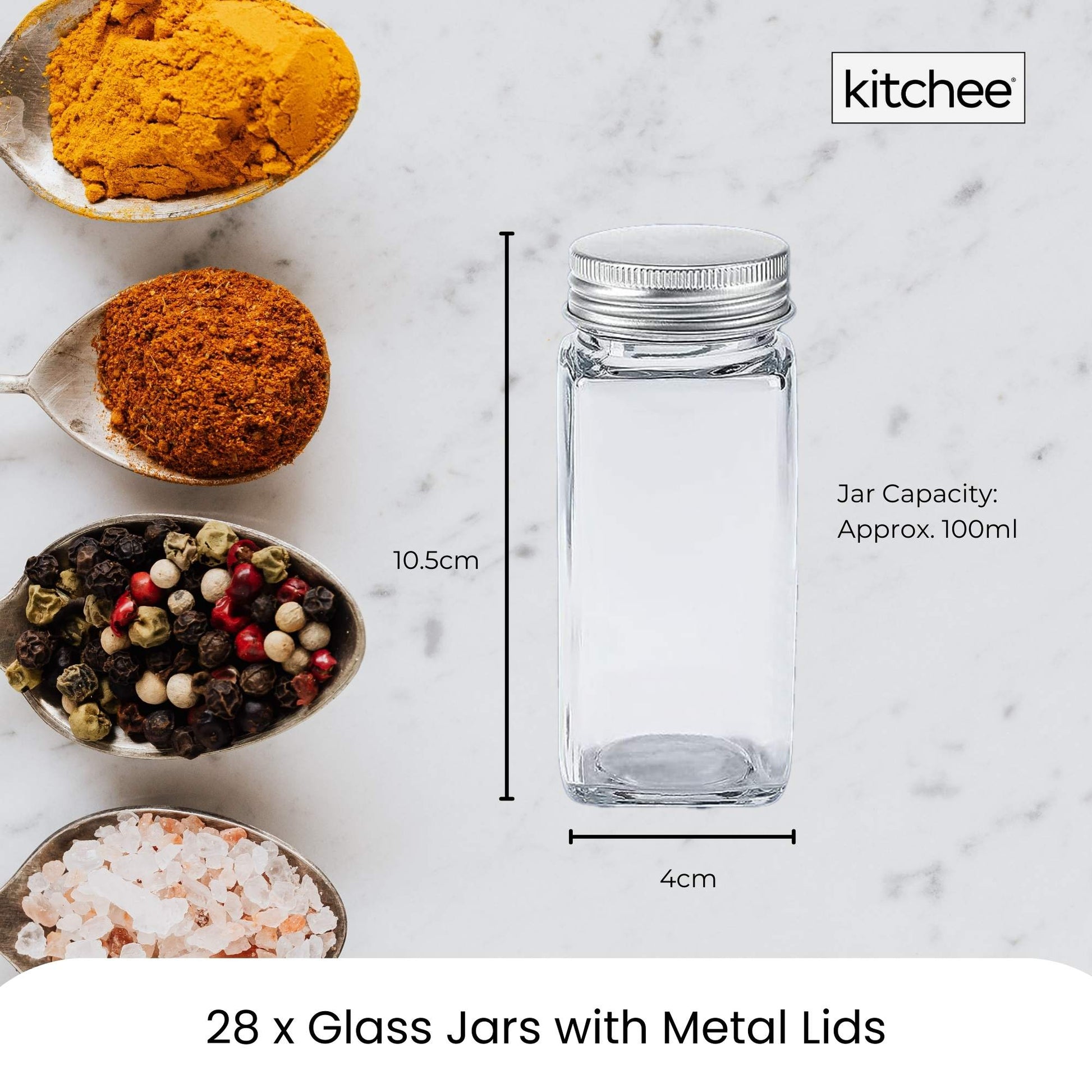 4 Tier Metal Spice Rack + 28 Glass Jars - Kitchen Pantry Herb Storage Organiser V238-SUPDZ-40811788927056