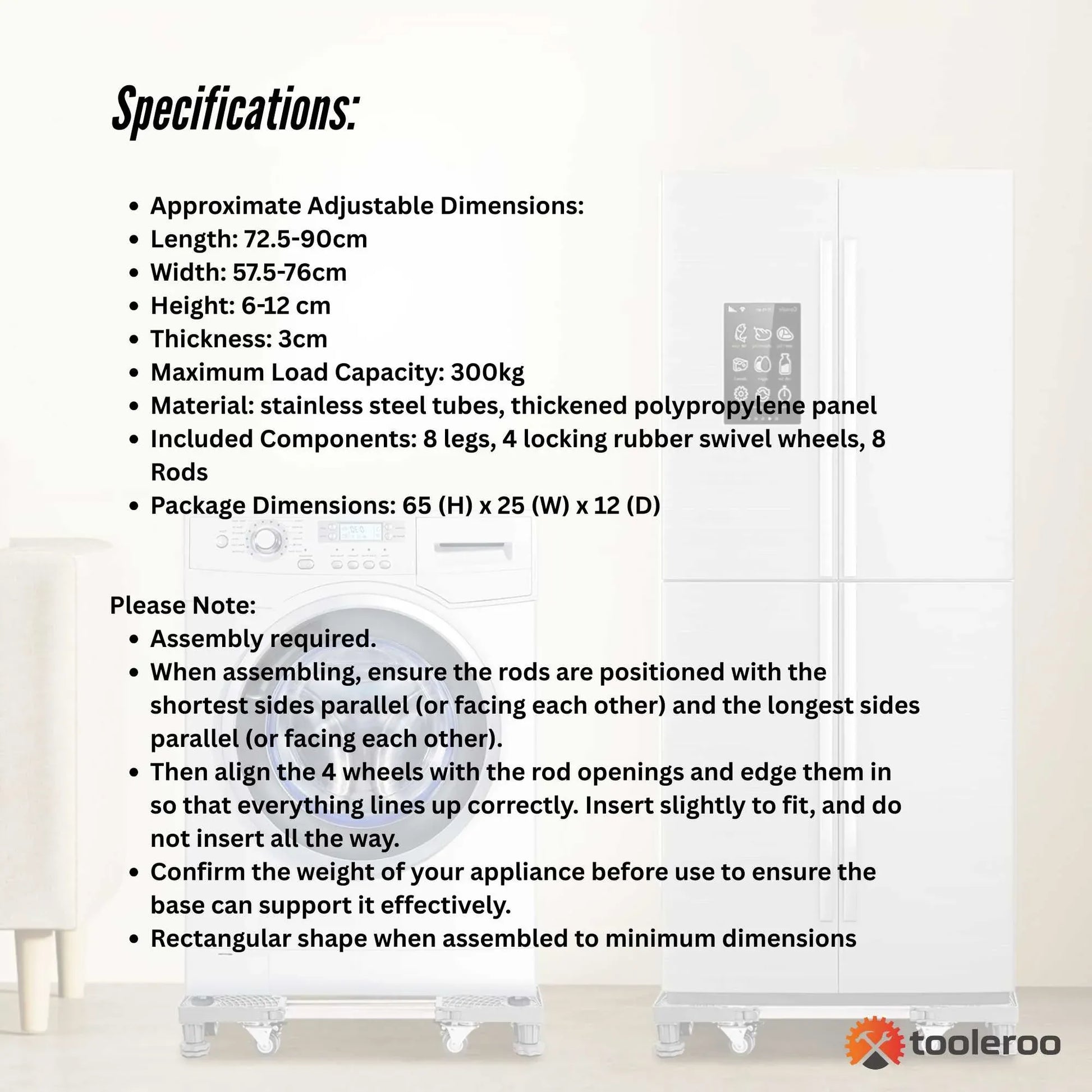 Tooleroo Washing Machine Stand - 300Kg Adjustable Wheeled Fridge Appliance Base V238-SUPDZ-40813536247888