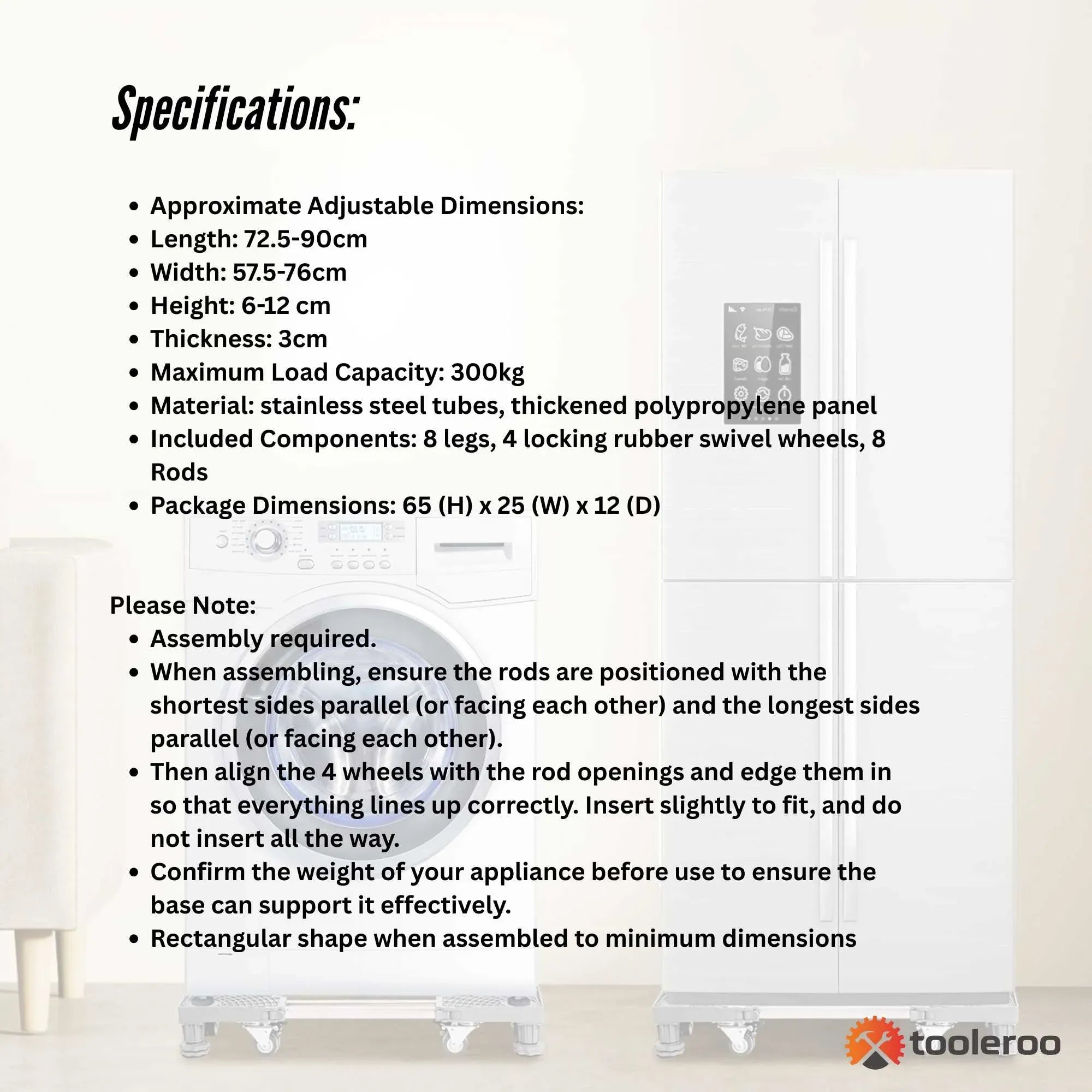 Tooleroo Washing Machine Stand - 300Kg Adjustable Wheeled Fridge Appliance Base V238-SUPDZ-40813536247888