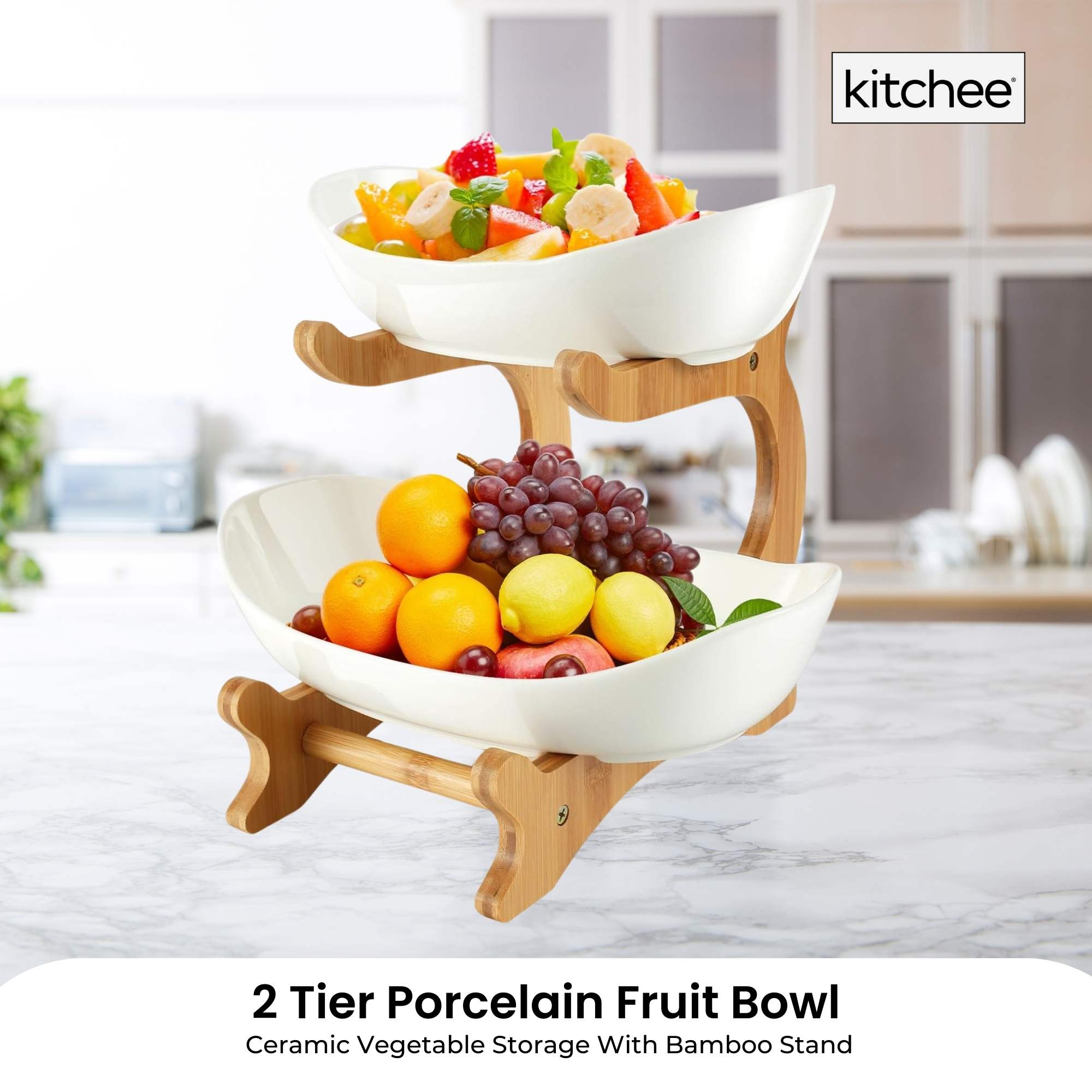 2 Tier Porcelain Fruit Bowl - Ceramic Vegetable Storage With Bamboo Stand V238-SUPDZ-40824930762832