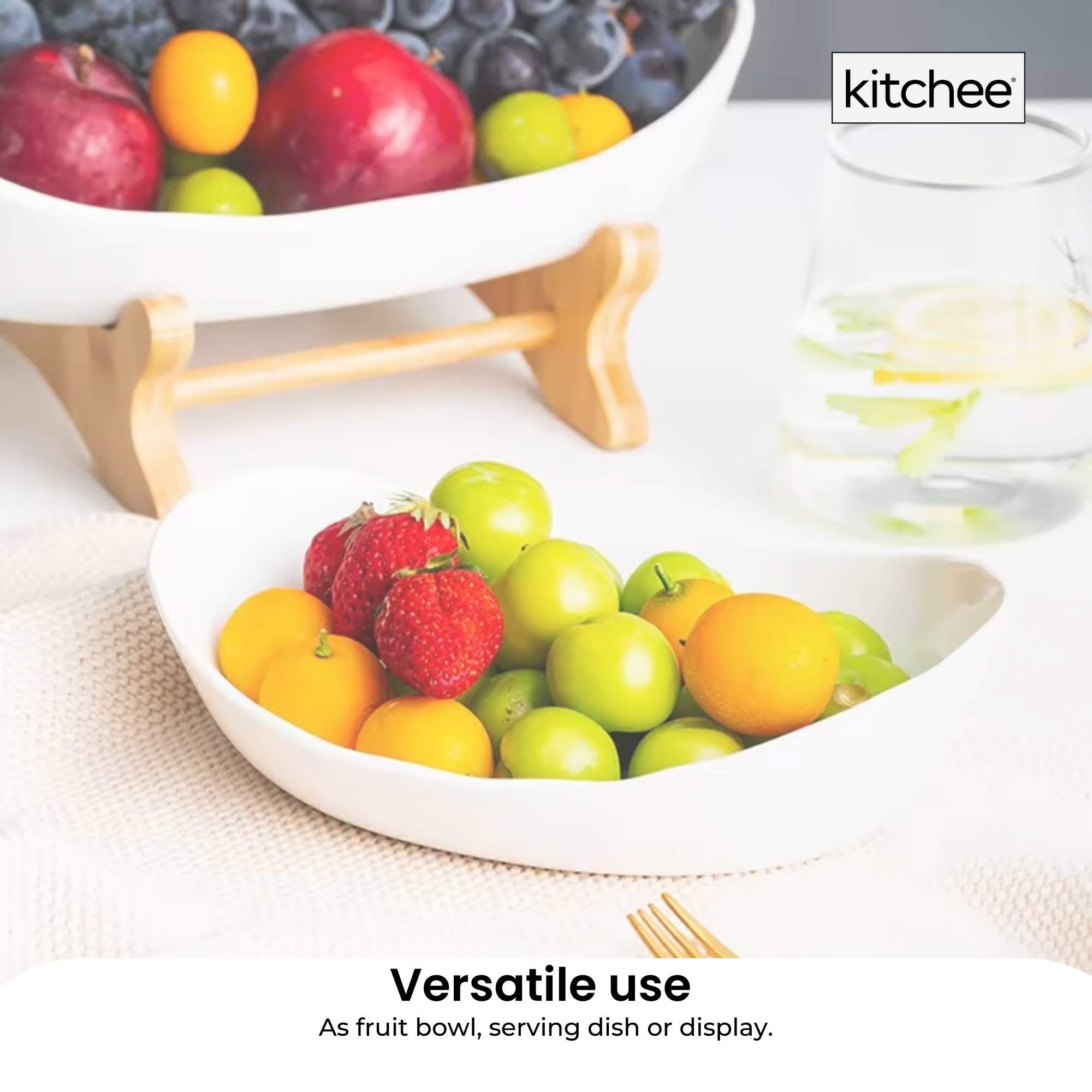 2 Tier Porcelain Fruit Bowl - Ceramic Vegetable Storage With Bamboo Stand V238-SUPDZ-40824930762832