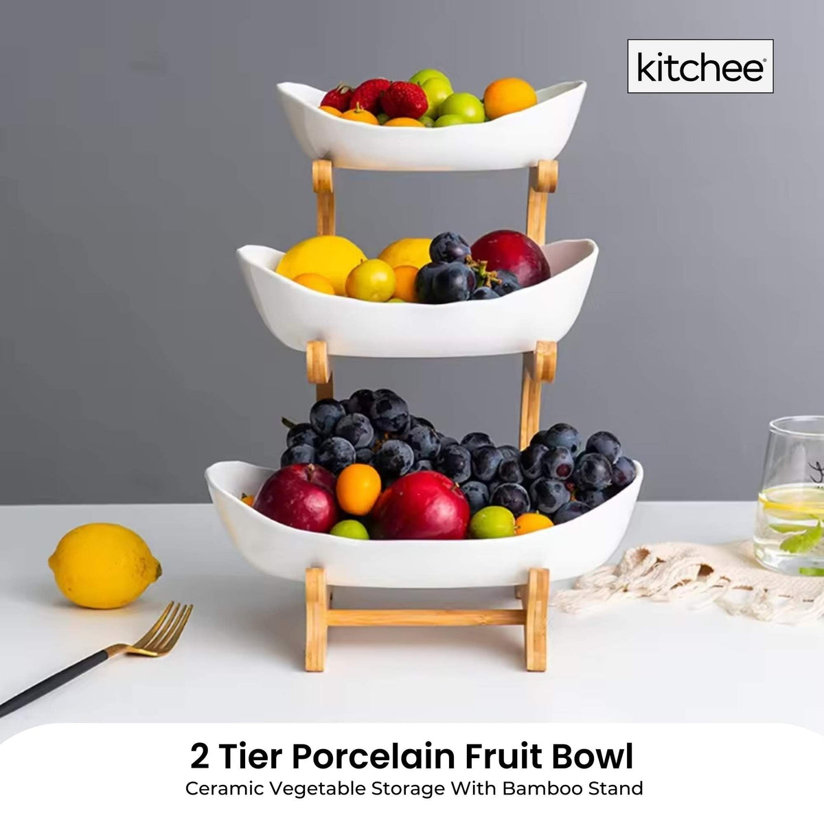 3 Tier Porcelain Fruit Bowl - Ceramic Vegetable Storage With Bamboo Stand V238-SUPDZ-40824953307216