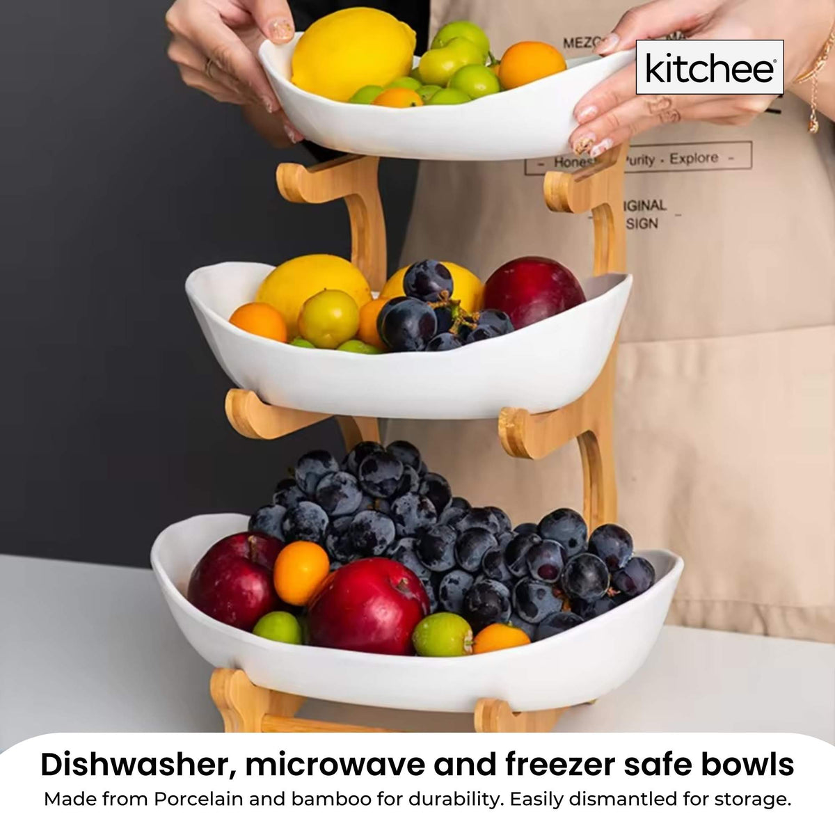 3 Tier Porcelain Fruit Bowl - Ceramic Vegetable Storage With Bamboo Stand V238-SUPDZ-40824953307216