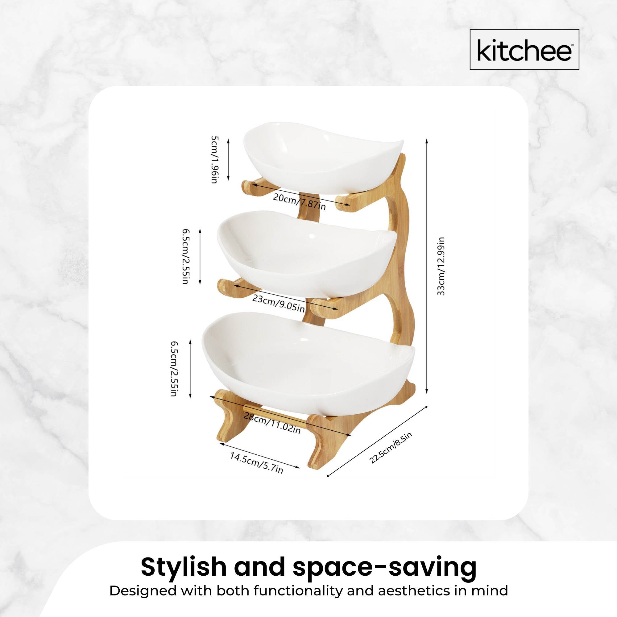 3 Tier Porcelain Fruit Bowl - Ceramic Vegetable Storage With Bamboo Stand V238-SUPDZ-40824953307216