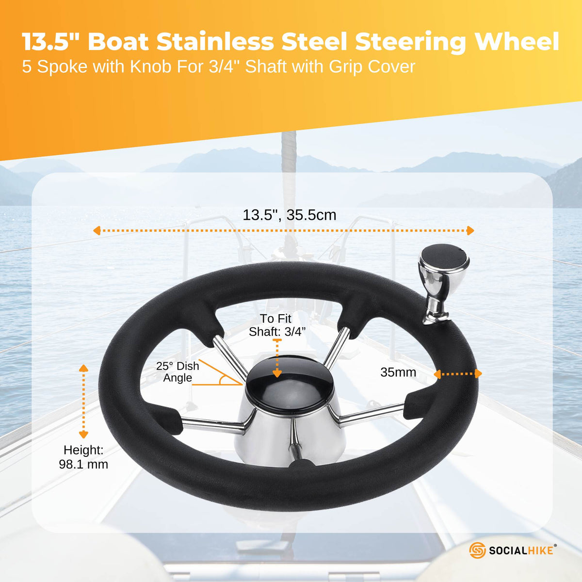 13.5" Boat Steering Wheel With Grip Cover - Stainless Steel 3/4" 5 Spoke With Knob V238-SUPDZ-40824956715088