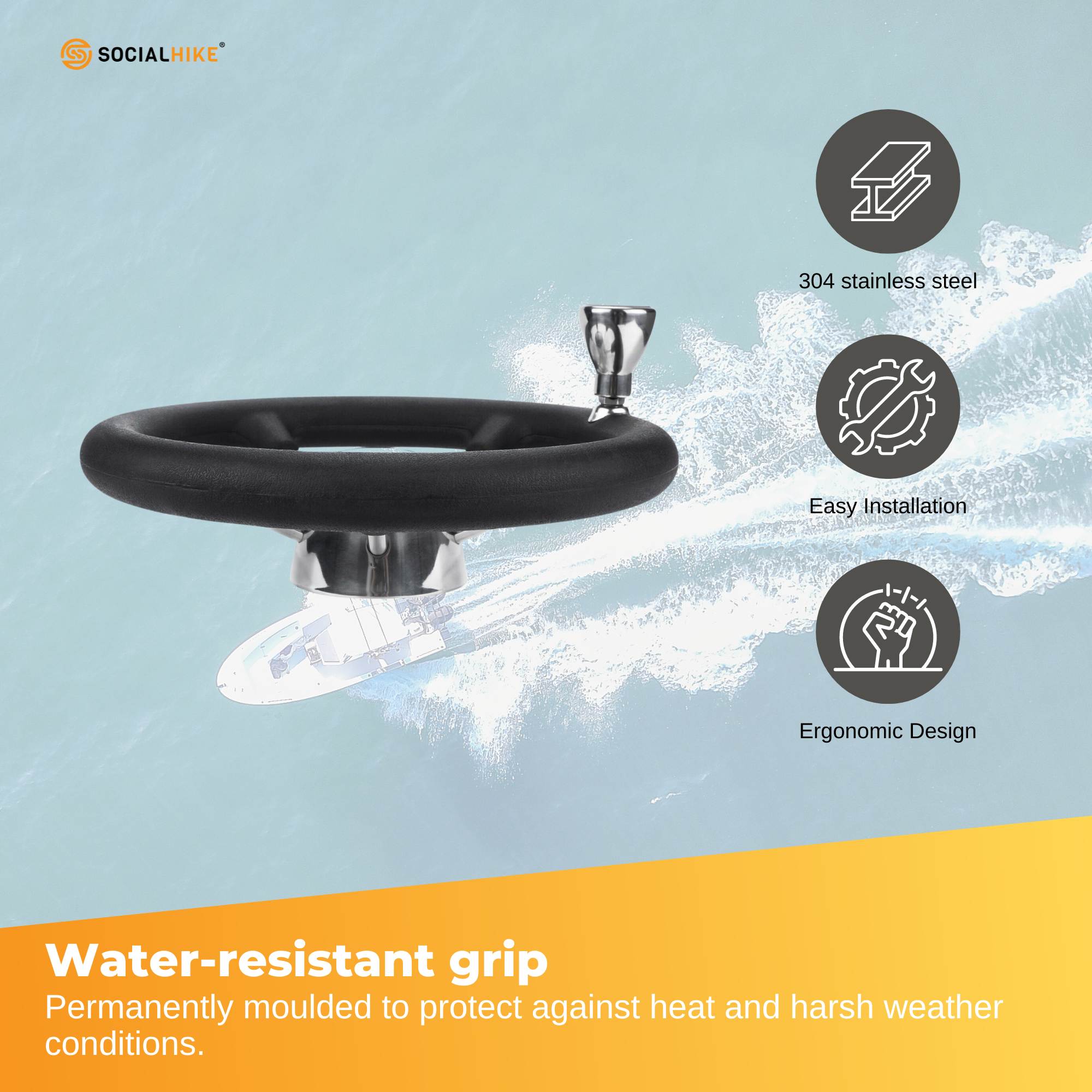 13.5" Boat Steering Wheel With Grip Cover - Stainless Steel 3/4" 5 Spoke With Knob V238-SUPDZ-40824956715088