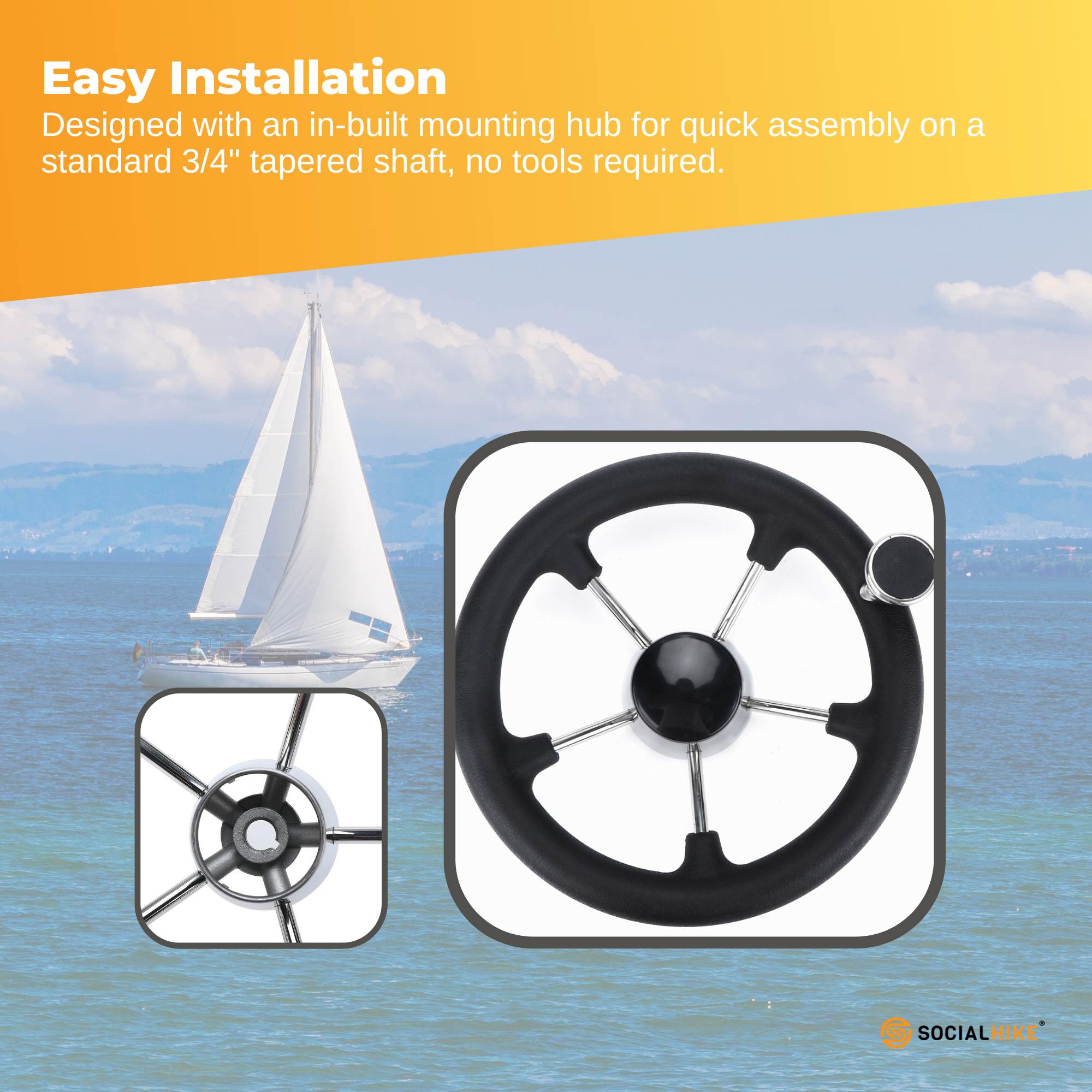 13.5" Boat Steering Wheel With Grip Cover - Stainless Steel 3/4" 5 Spoke With Knob V238-SUPDZ-40824956715088