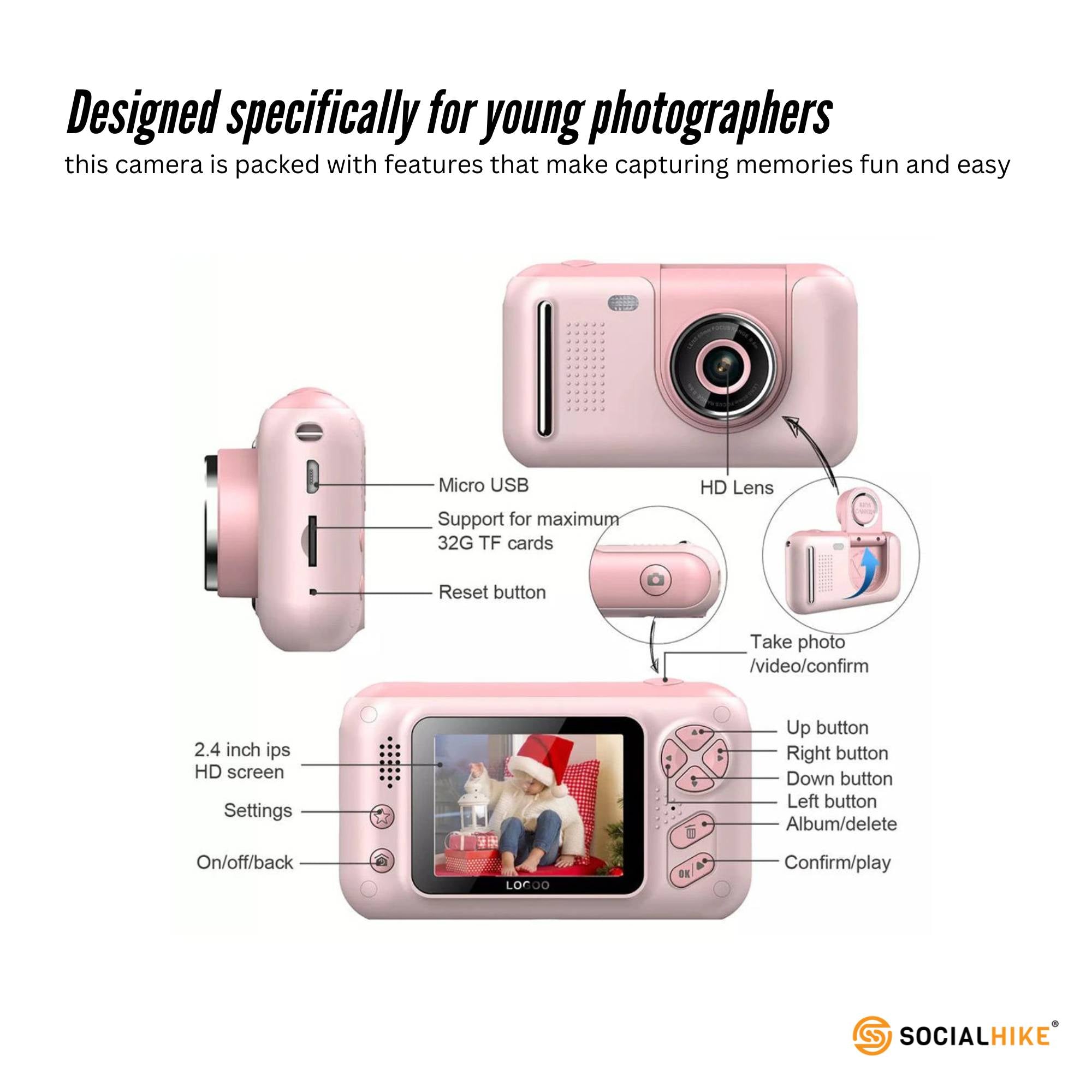 Kids HD Digital Camera Pink - Children's Selfie Photo Video 2.4 Inch Screen V238-SUPDZ-40836312465488