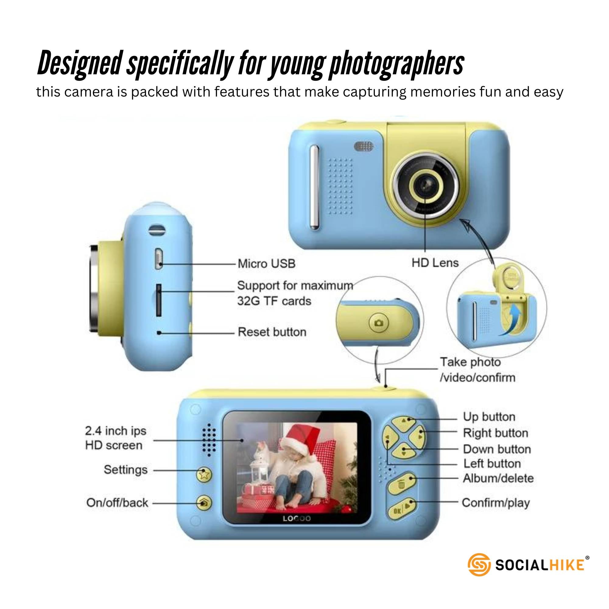 Kids HD Digital Camera Blue - Children's Selfie Photo Video 2.4 Inch Screen V238-SUPDZ-40837733810256