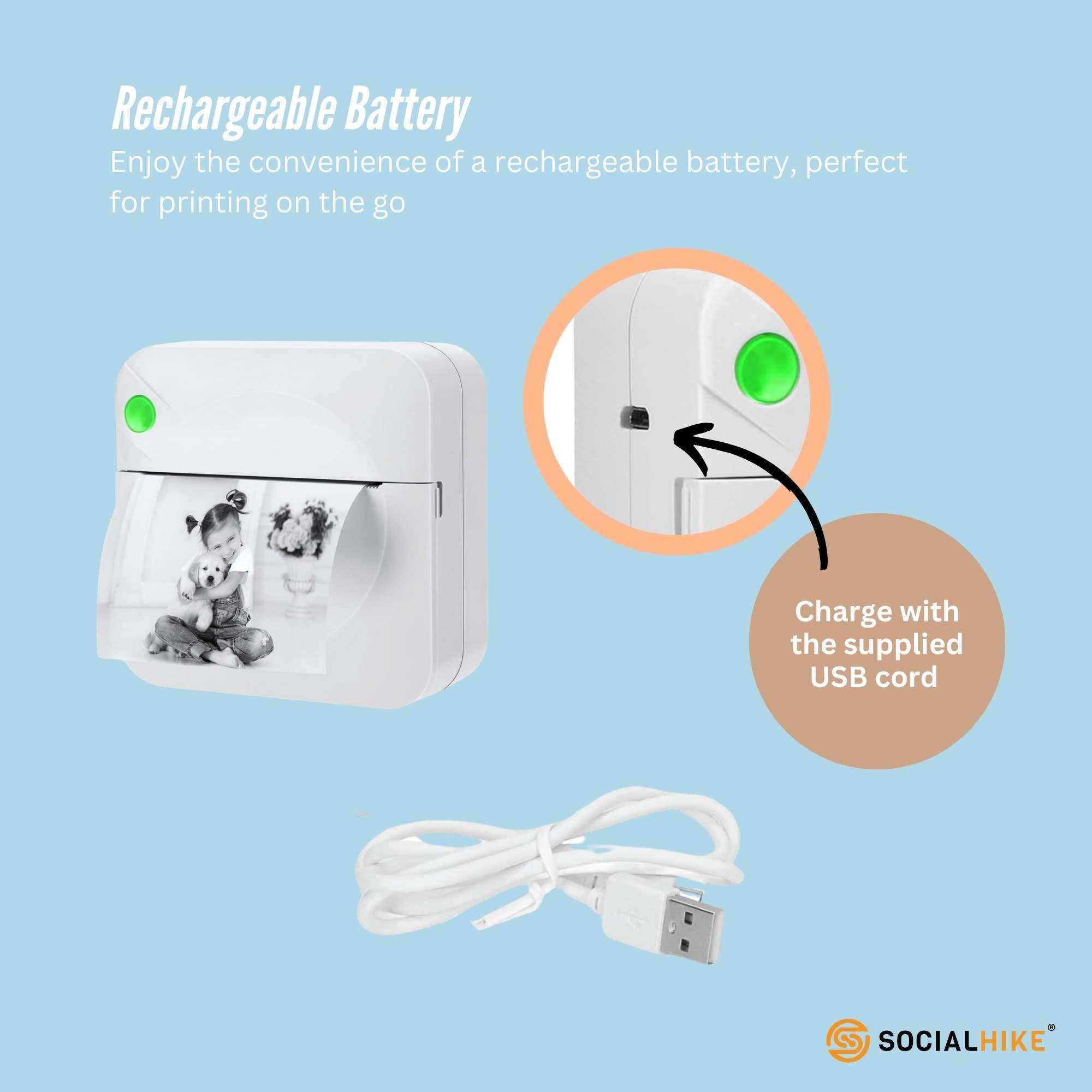 Social Hike Portable Mini Printer White - Inkless Bluetooth Phone Pocket Thermal Printing V238-SUPDZ-40837872287824