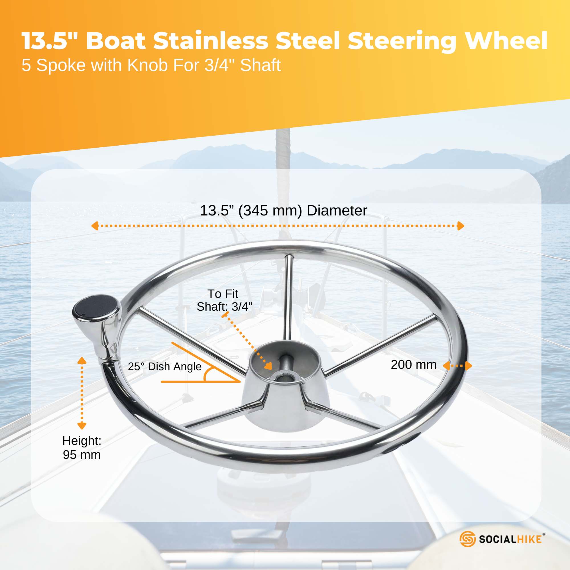13.5" Boat Stainless Steel Steering Wheel - 5 Spoke with Knob For 3/4" Shaft V238-SUPDZ-40838175195216