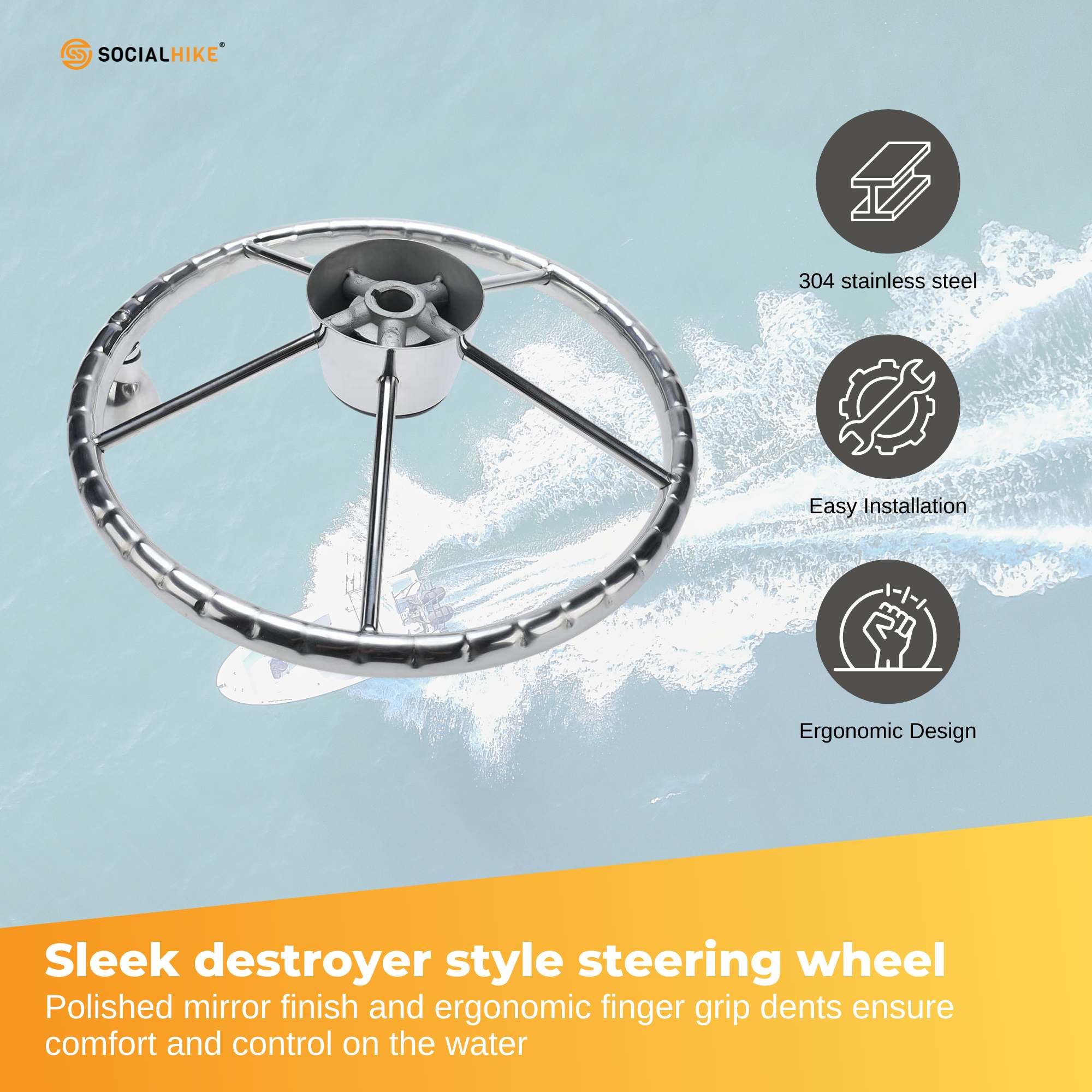 13.5" Boat Stainless Steel Steering Wheel - 5 Spoke with Knob For 3/4" Shaft V238-SUPDZ-40838175195216