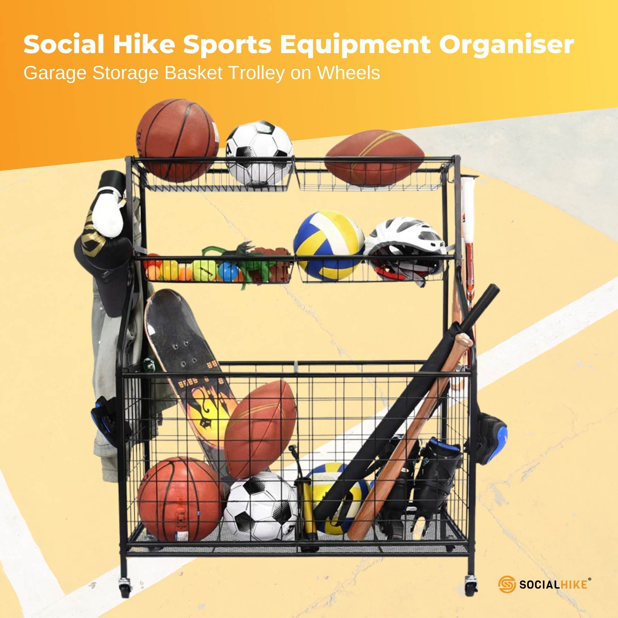 Social Hike Sports Equipment Storage Organiser Trolley on Wheels - Garage Basket V238-SUPDZ-40865350516816