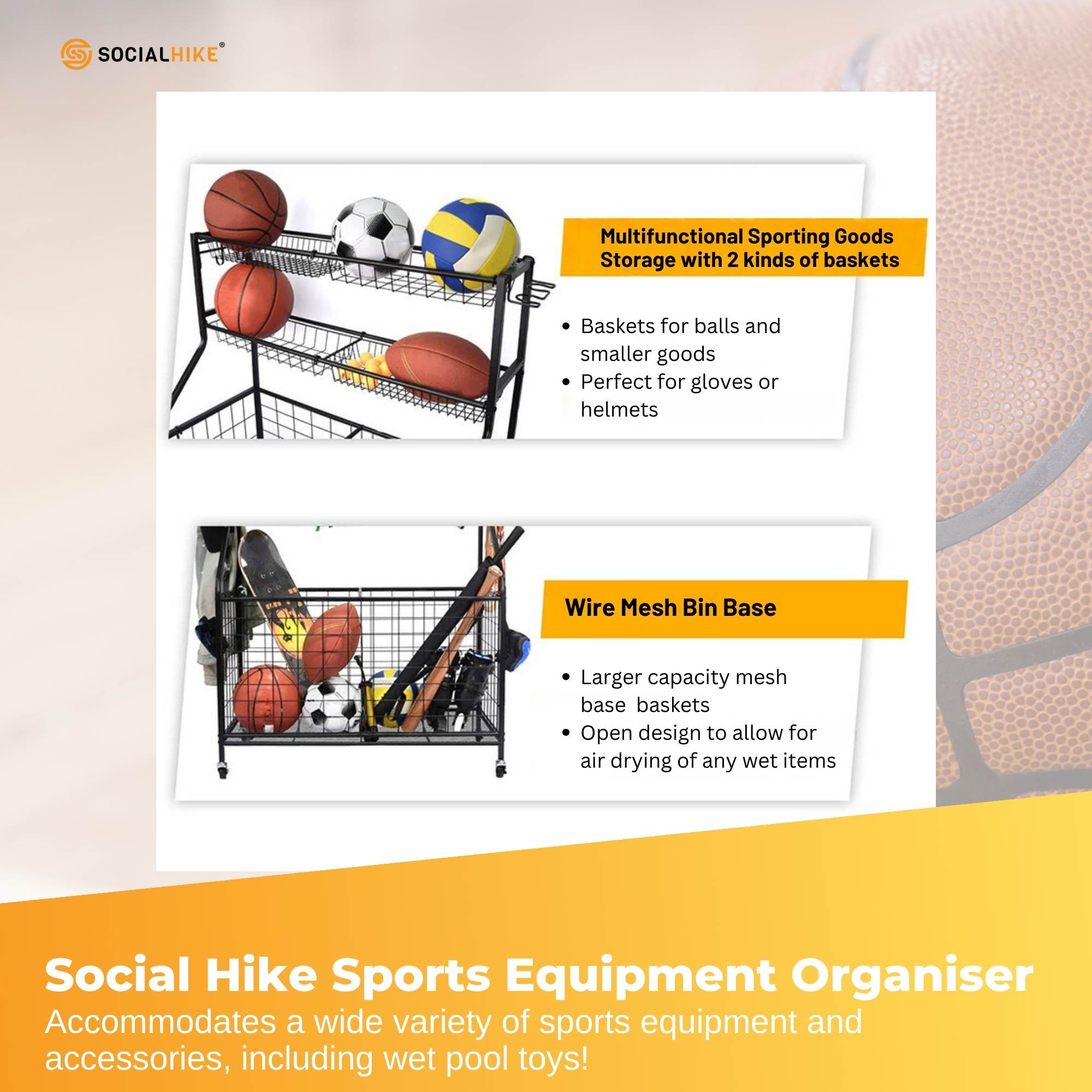 Social Hike Sports Equipment Storage Organiser Trolley on Wheels - Garage Basket V238-SUPDZ-40865350516816
