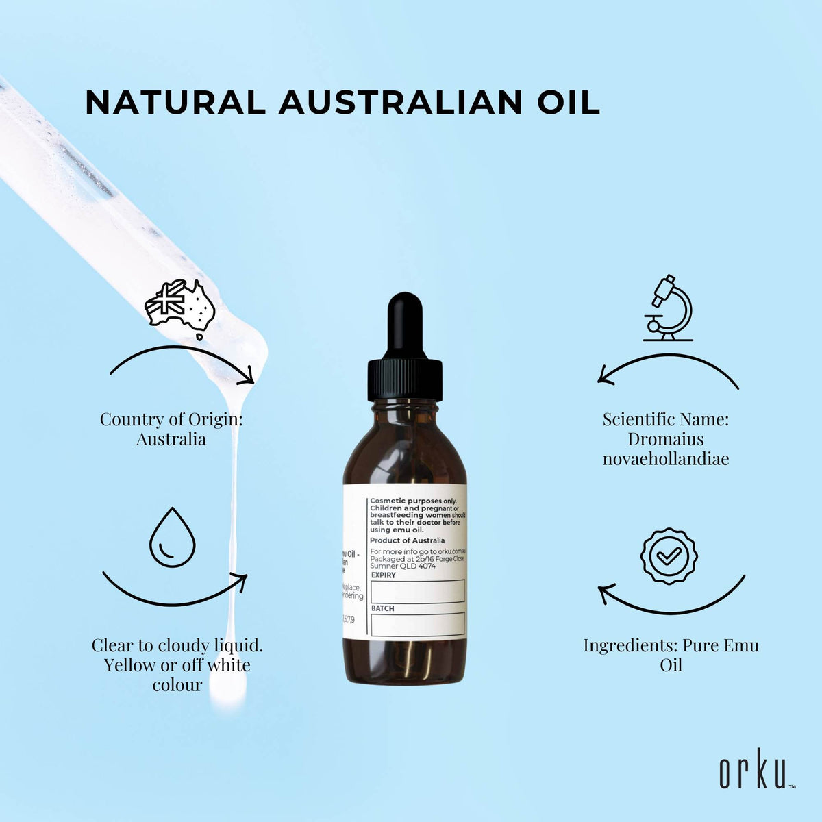 Orku 25ml Pure Emu Oil with Dropper - Undiluted Natural Dromaius Novaehollandiae V238-SUPDZ-40881374036048