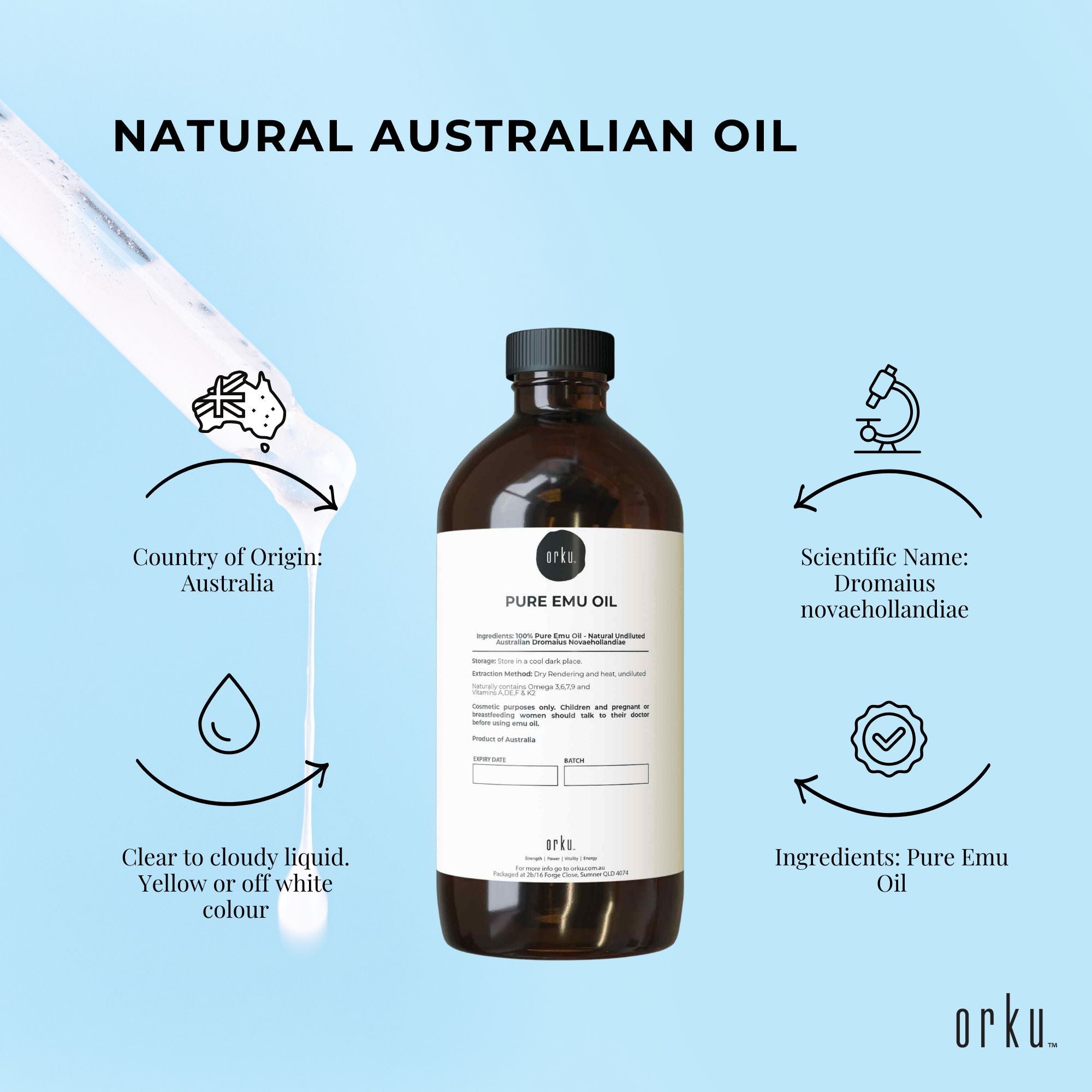Orku 500ml Pure Emu Oil - Natural Undiluted Australian Dromaius Novaehollandiae V238-SUPDZ-40881379573840