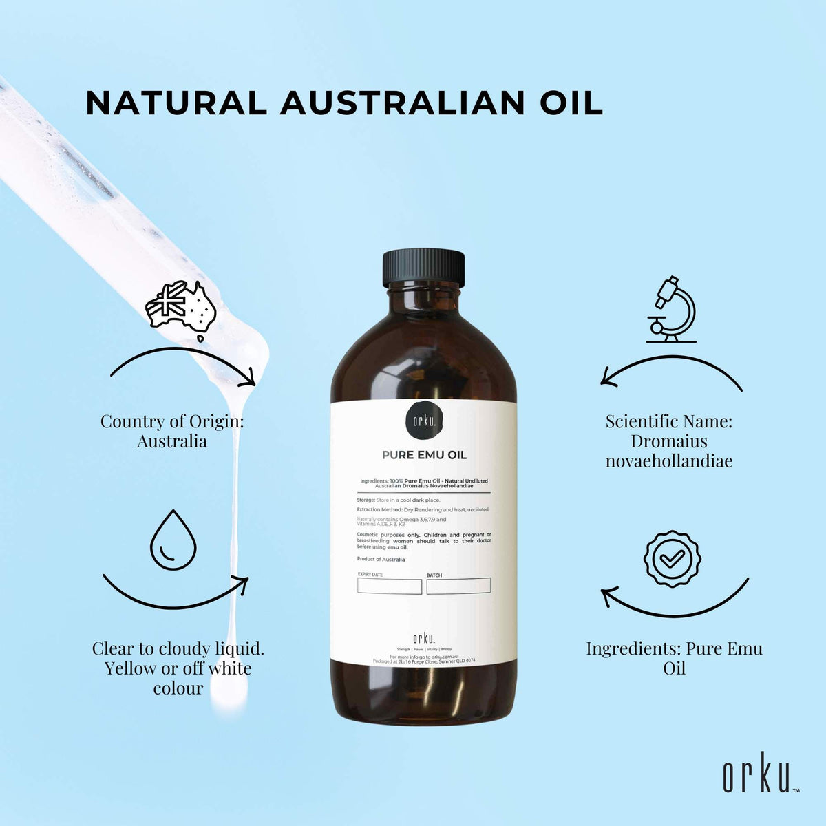 Orku 1L Pure Emu Oil - Natural Undiluted Australian Dromaius Novaehollandiae V238-SUPDZ-40881380065360