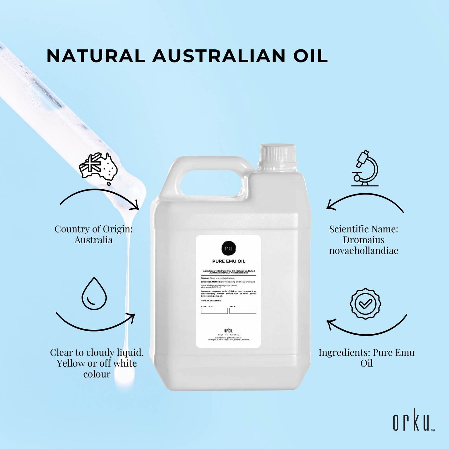 Orku 5L Pure Emu Oil - Natural Undiluted Australian Dromaius Novaehollandiae V238-SUPDZ-40881380294736